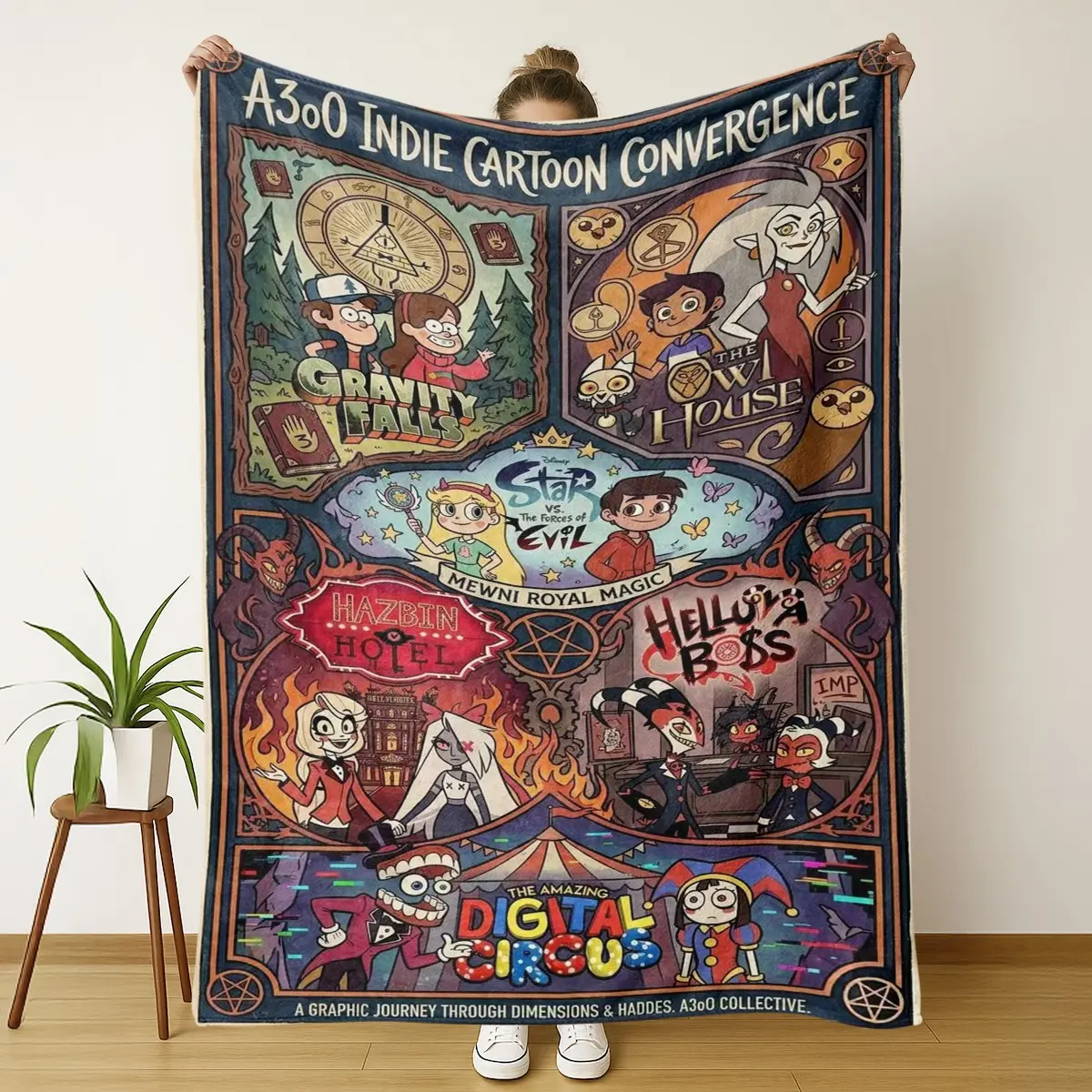 A300 Indie Cartoon Convergence Flannel Blanket, Soft Fleece Throw, graphic throw blanket, Gravity Falls, the Owl House, Star Vs the Forces of Evil, Hazbin Hotel