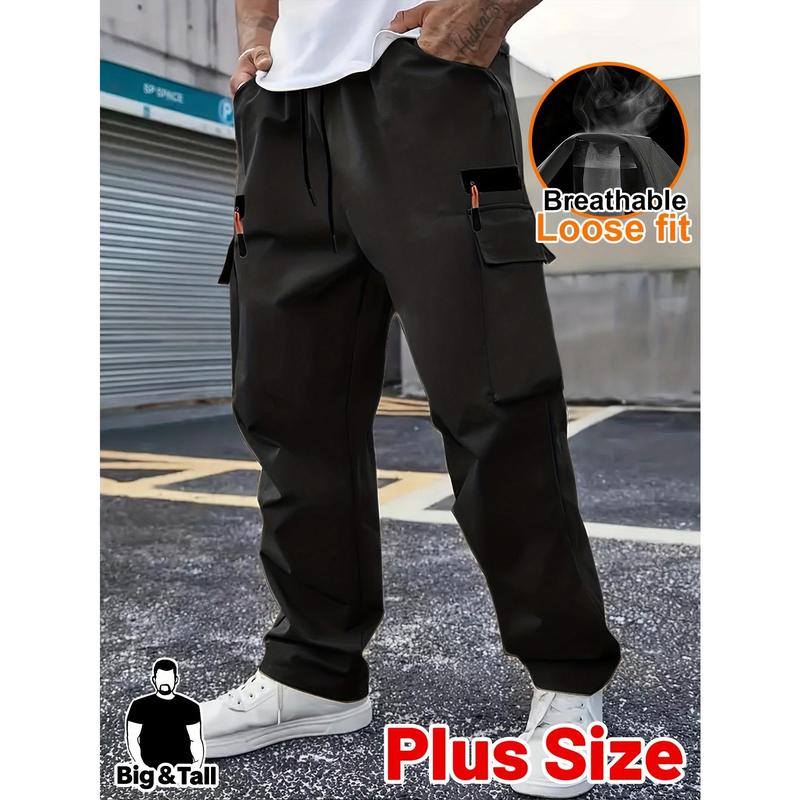 Plus Size Men's Cargo Pants - Casual Loose Fit, Thin Breathable Summer Fabric, Elastic Drawstring Waist with Fake Zipper Pockets - Versatile for Daily Wear, Running, Sports & Outdoor Activities