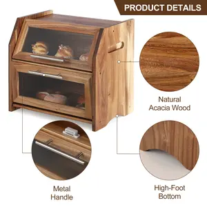 Extra Large Double Layer Acacia Wood Bread Storage Container for Kitchen Countertop – Rustic Farmhouse Bread Storage Bin with Clear Acrylic Door, Air Vents – Keeps Bread, Bagels, Rolls Fresh – Wooden Corner Bread Holder