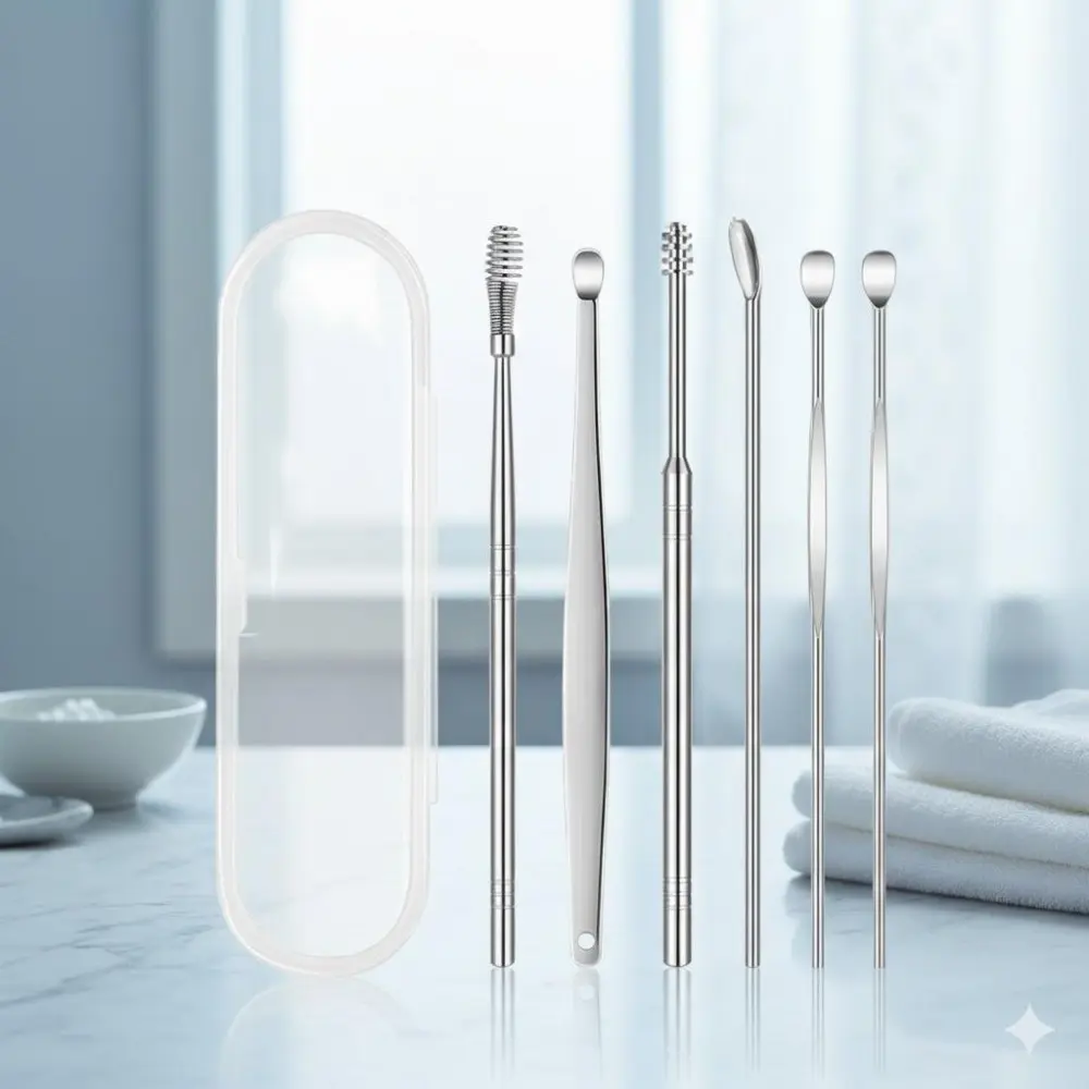 Stainless Steel Ear Cleaning Kit 6-Piece Set, Safe Ear Wax Removal Tools with Non-Slip Handles, Hypoallergenic Ear Picks for Gentle Ear Care, Home Personal Hygiene Essential, Precision Designed for Deep Cleaning.