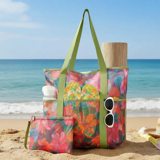 Mesh Beach Bag with Zip Pouch Sand Free Quick Dry Large Capacity Pool Cruise Swim Tote Organizer Travel Bag