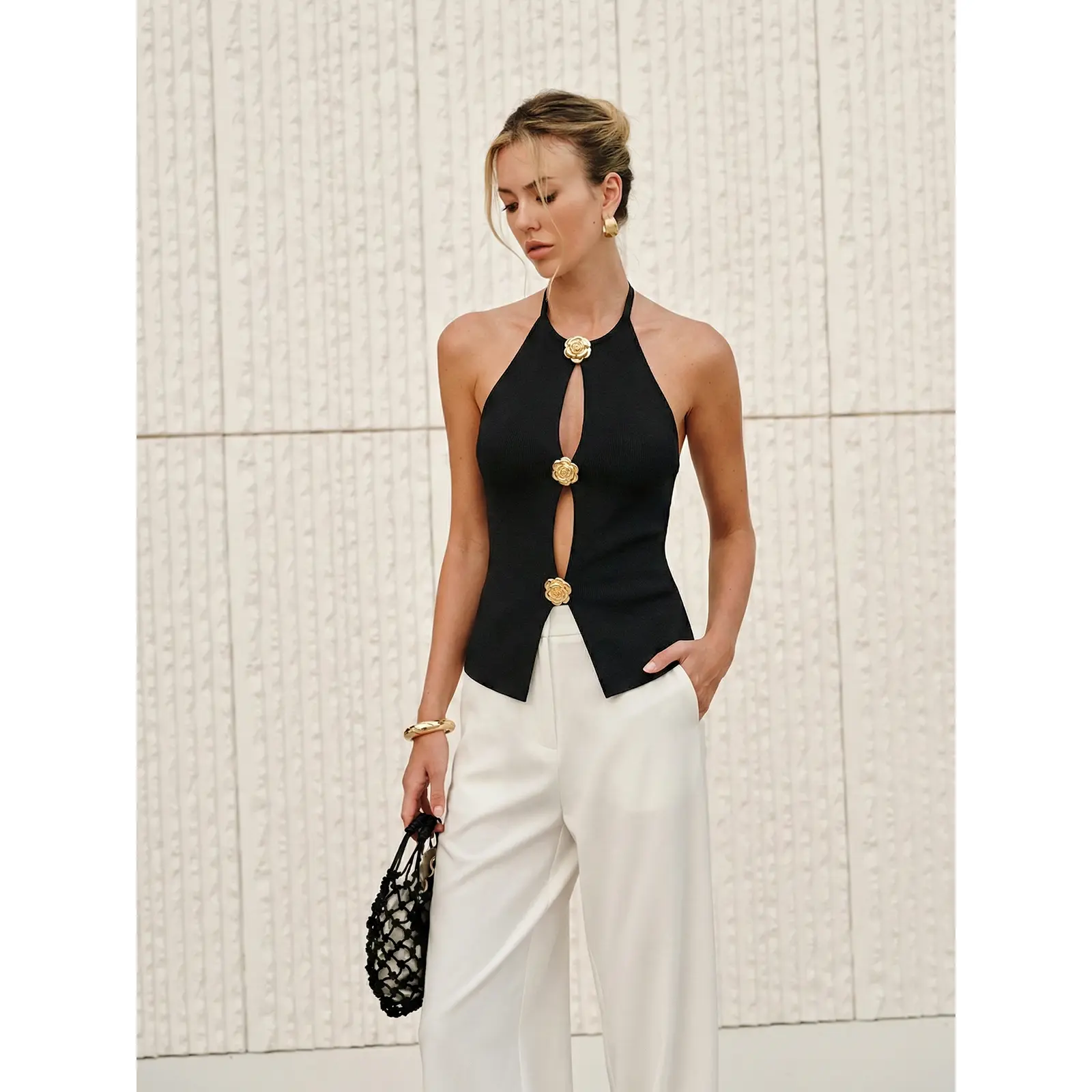 Cut-Out Floral Button Knit Halter Top