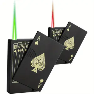 Jet Torch Lighter,Green+ Red Flame Ace Card Lighter, Cool Lighter Windproof Poker Design, Refillable Butane, for Outdoor, Indoor, Camping, BBQ, Candle, Birthday, Gift (Without Butane Gas)