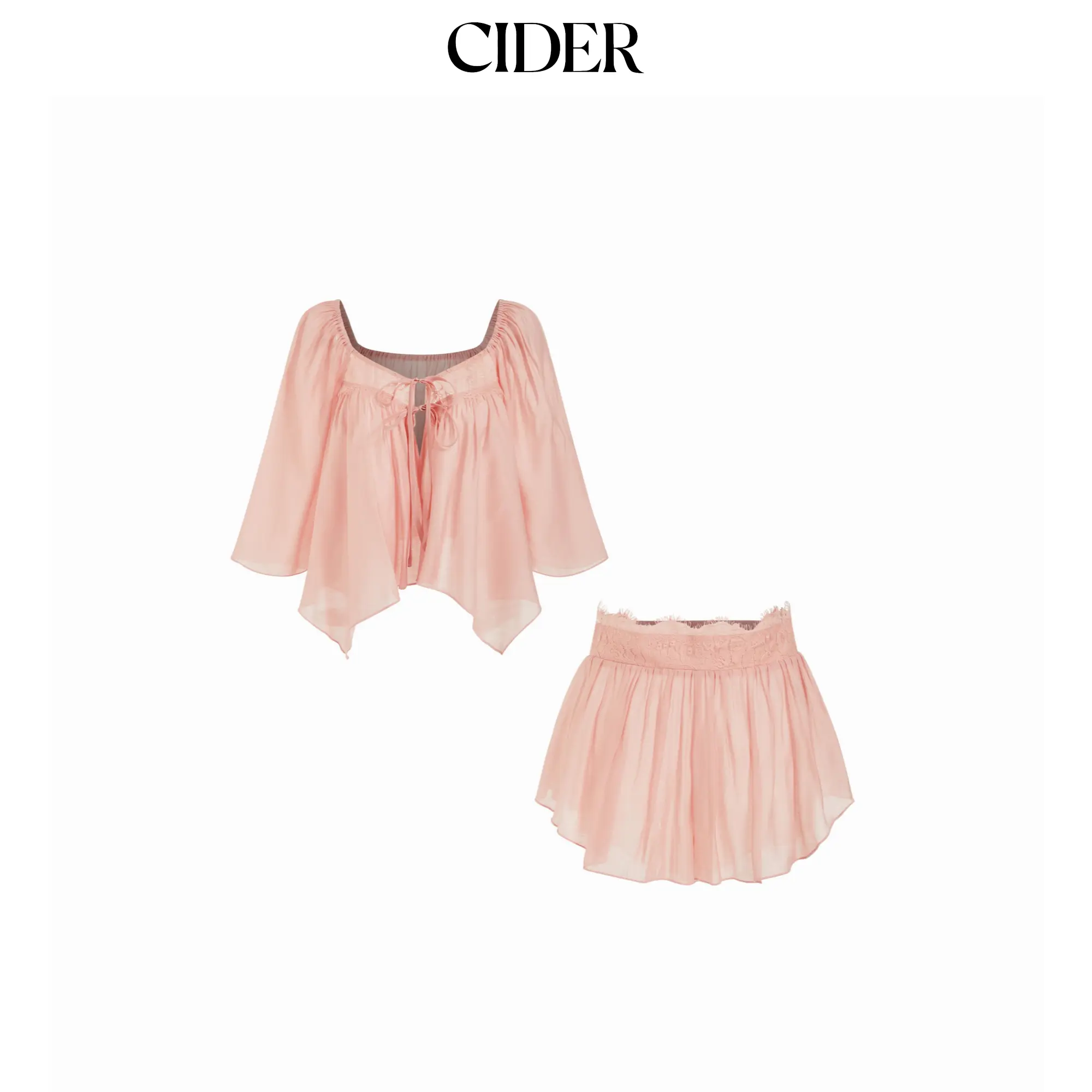 Cider Square Neckline Lace Trim Drawstring Top & Shorts Loungewear Set