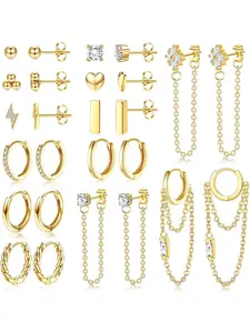 13 Pairs Surgical Steel Earrings Set for Women Studs Hoop Earrings mit Chain Cartilage Dangle Stud Earrings Heart Zirconia Earrings Set for Women Gold