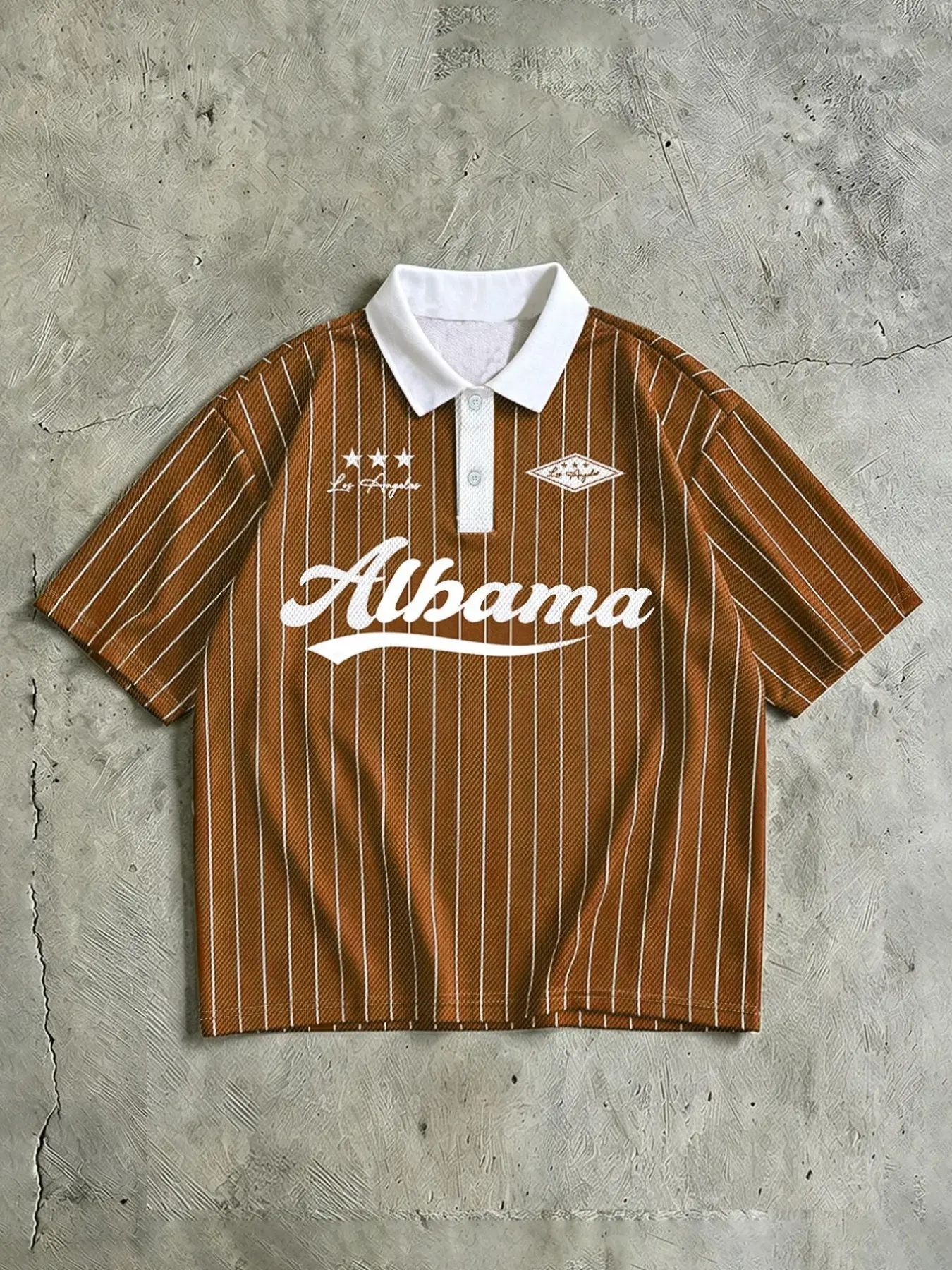 Men's Red White Vertical Stripe Short Sleeve Polo Shirt, White Contrast Collar, Alabama Cursive Letter Los Angeles Star Badge Print, Loose Cropped Vintage Classic Casual Street Top