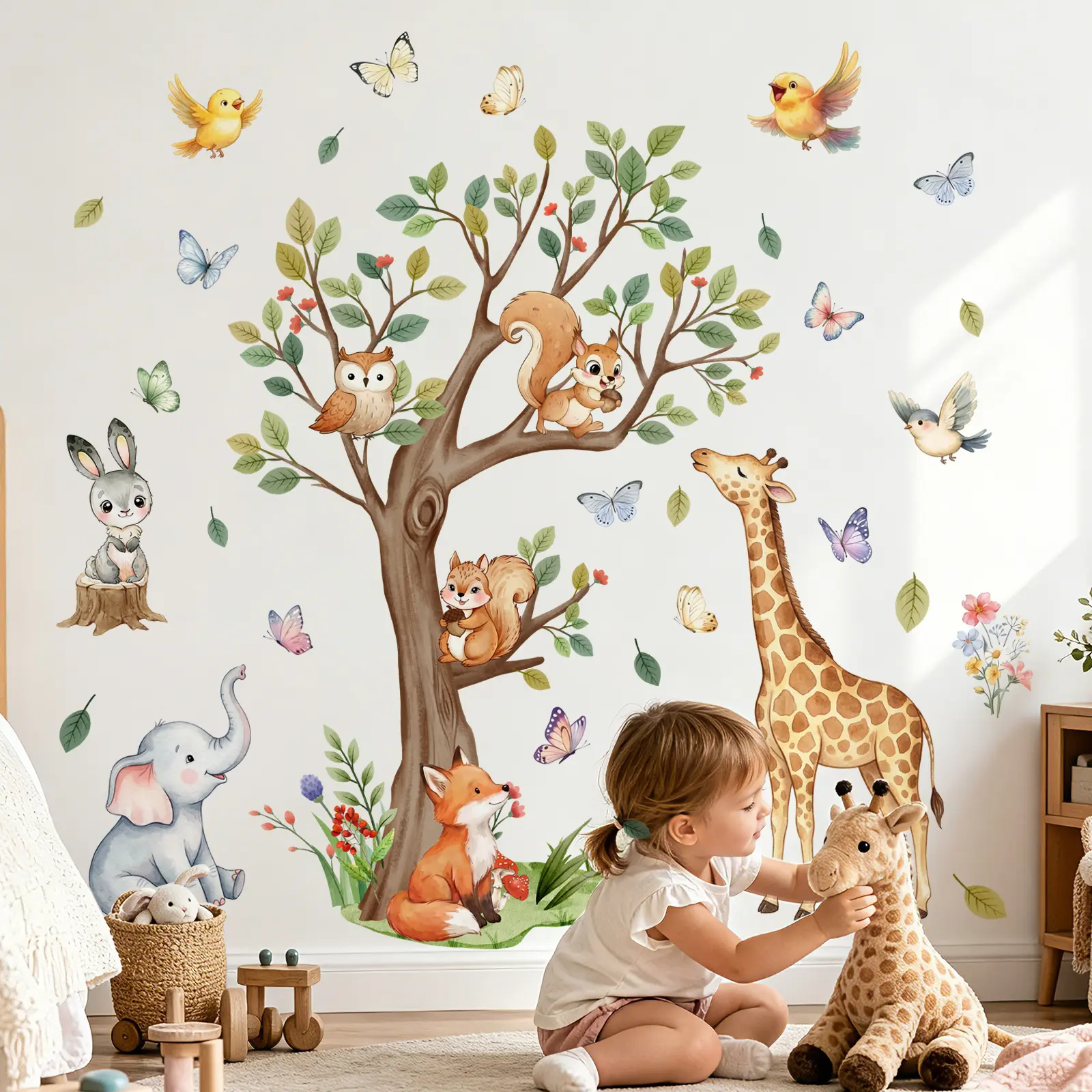 2Pcs Set (3090cm2pcs) Removable Forest Tree & Animals Self-Adhesive Wall Decals, Kids Toddler Bedroom Cute Wall Decor Stickers