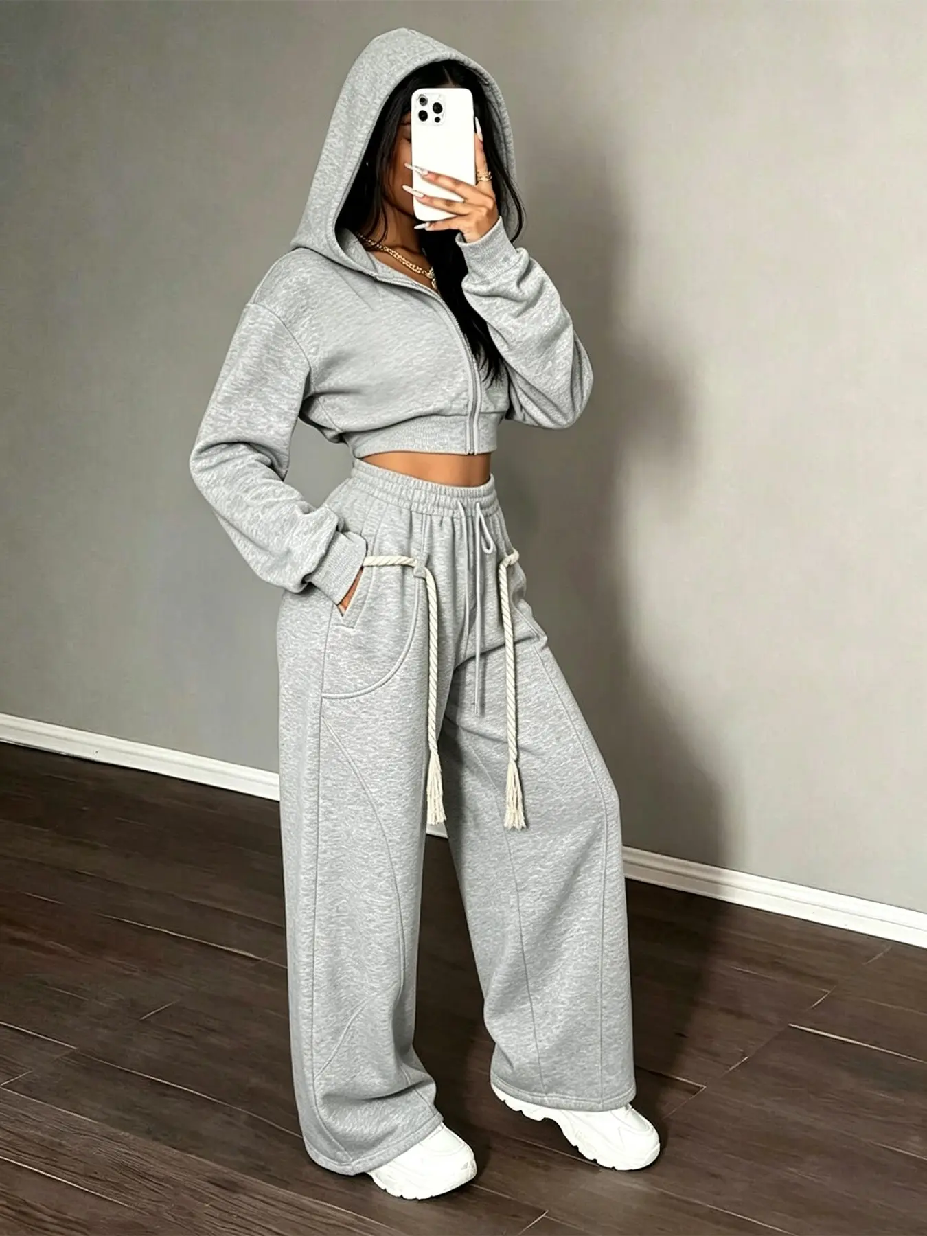 2026 Viral TikTok Y2K Coquette Aesthetic Women 2 Piece Tracksuit Matching Sets, Casual Tracksuit Set, Cropped Full Zip Hoodie & Thick Rope Drawstring Wide Leg Sweatpants Outfit