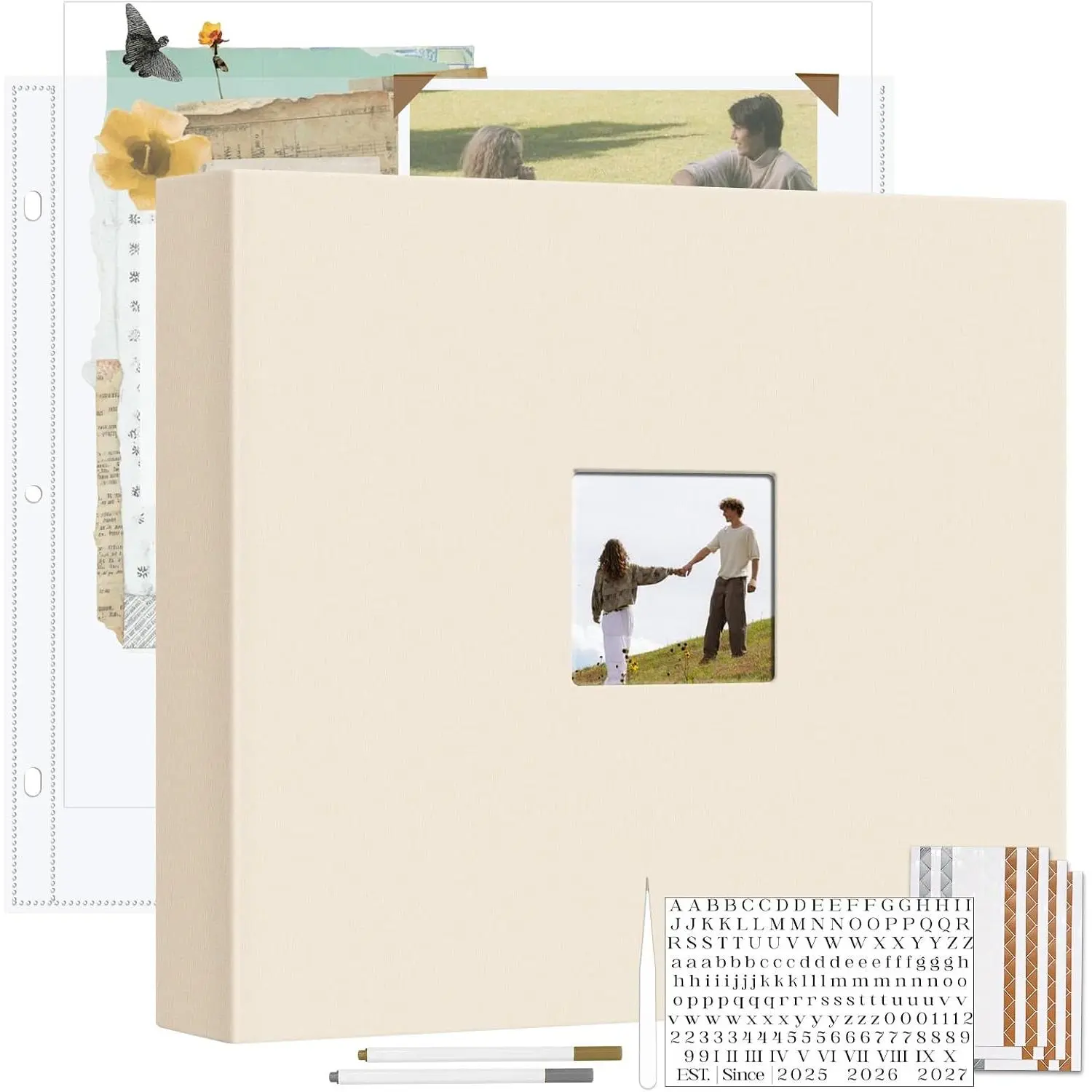 Linen Scrapbook Photo Album Kit, Large 3 Ring Binder Scrapbook with 30 Plastic Sleeves, 15x13 Inch DIY Memory Book for Wedding, Anniversary, Family &   , Beige