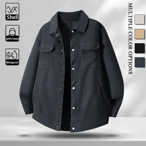 Wind Resistant Durable Lightweight Men Lapel Collar Button Jacket, Fashion Contrast Stitch Workwear Outer Coat with Dual Chest Storage Pockets, Comfort Loose Windproof Outerwear for All Seasons Casual Daily Travel