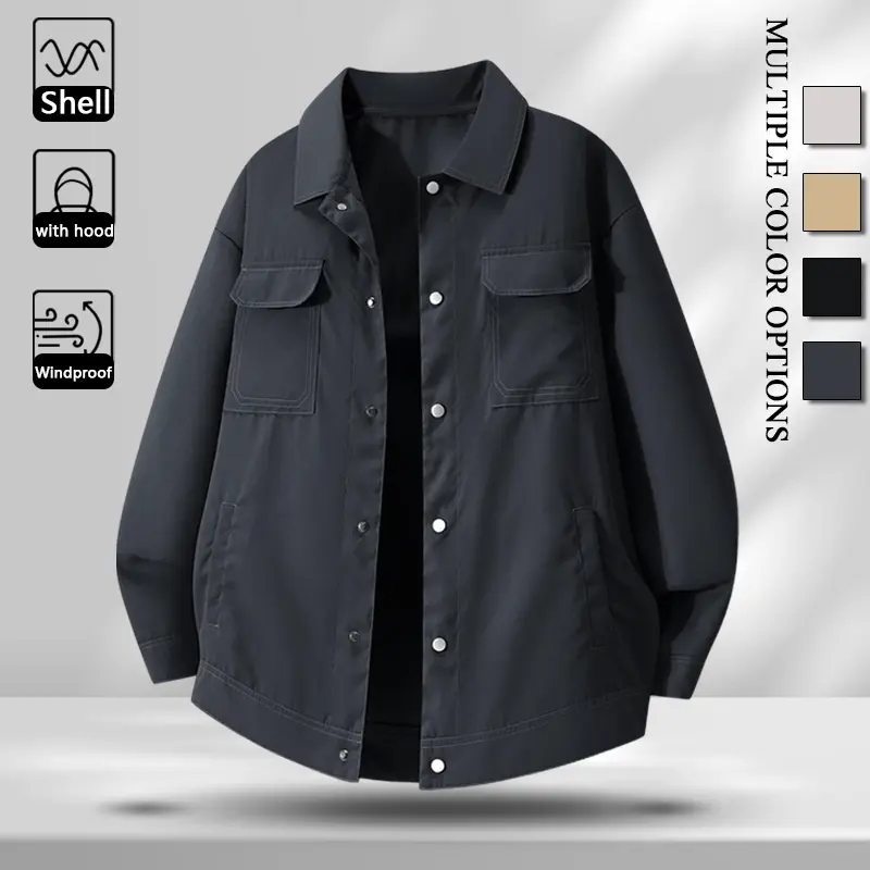 Wind Resistant Durable Lightweight Men Lapel Collar Button Jacket, Fashion Contrast Stitch Workwear Outer Coat with Dual Chest Storage Pockets, Comfort Loose Windproof Outerwear for All Seasons Casual Daily Travel