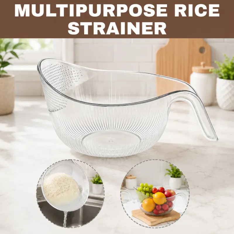 2-in-1 Rice Washing Bowl with Handle, BPA-Free Kitchen Strainer, Easy Drain Colander for Rice, Vegetables, Fruits, Pasta & Beans, Transparent Plastic