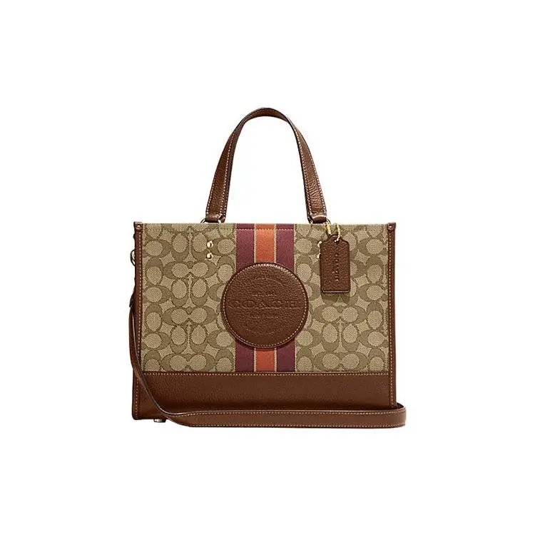 COACH Dempsey 29 Tote Bag for Women – Classic Monogram Stripe with Snap Closure, Canvas and Leather, Brown and Green