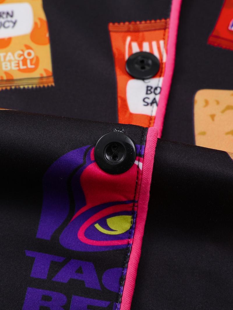 Women's 2-Piece Full-Body Snack & Beverage Print Sleepwear Set (Short Sleeve & Shorts) - Soft Comfort Top with Small Pockets, Turned-Down Collar, Button Closure, Elasticated Waistband, Suitable for Year-Round Home Wear - Button Front Shorts Pj Set