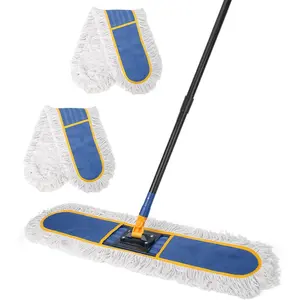 24" Commercial Dust Mop for Floor Cleaning, Heavy Duty Wet Dry Flat Mop with 2 Reusable Cotton Pads, 59" Long Handle for Hardwood Marble Laminate Tile Concrete Garage Floor (Blue)