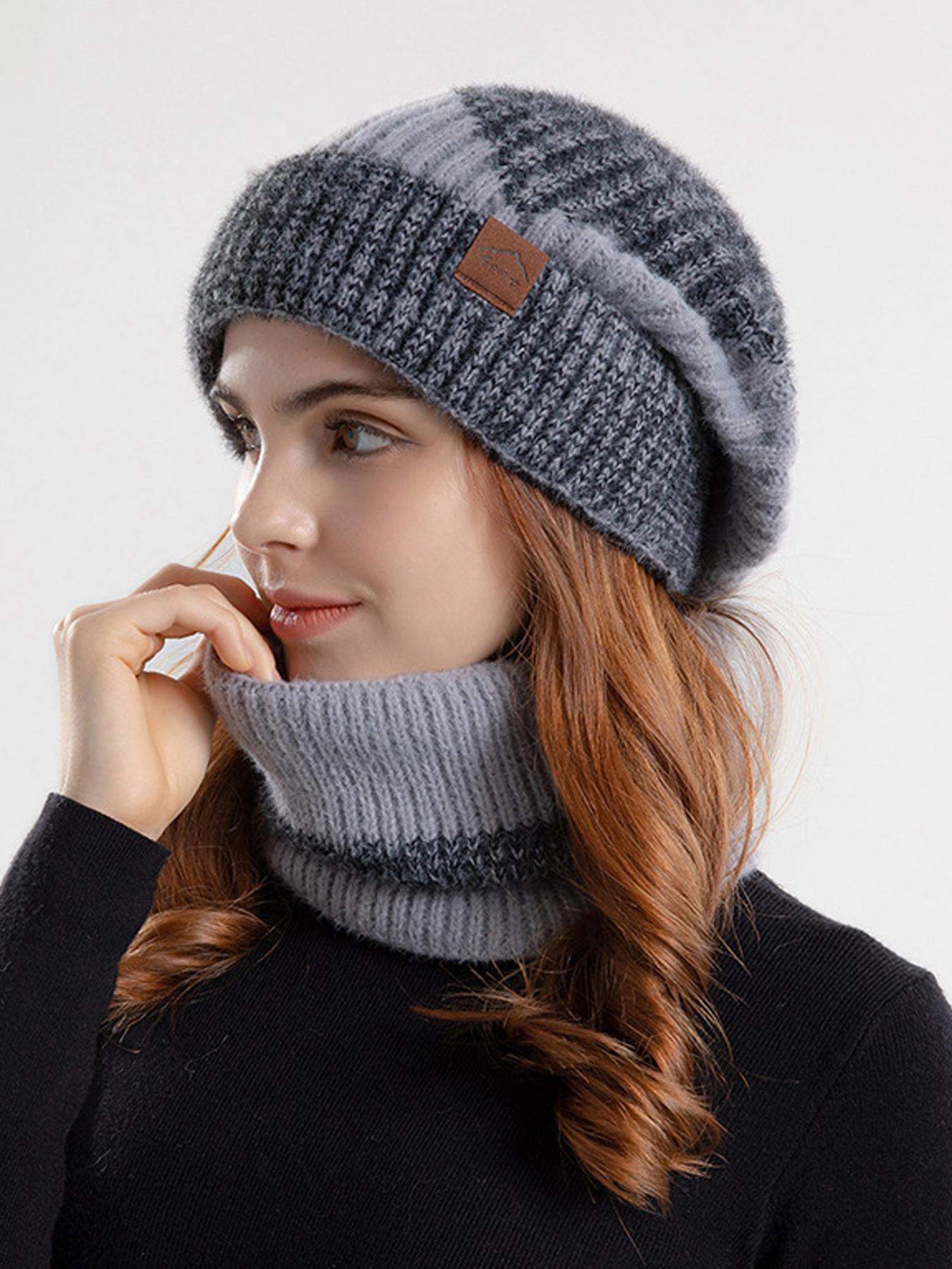 Women's Solid Color Patched Beanie Hat & Scarf Set, Casual Thickened Warm Cozy Hat & Scarf, Fashion Accessories for Fall & Winter