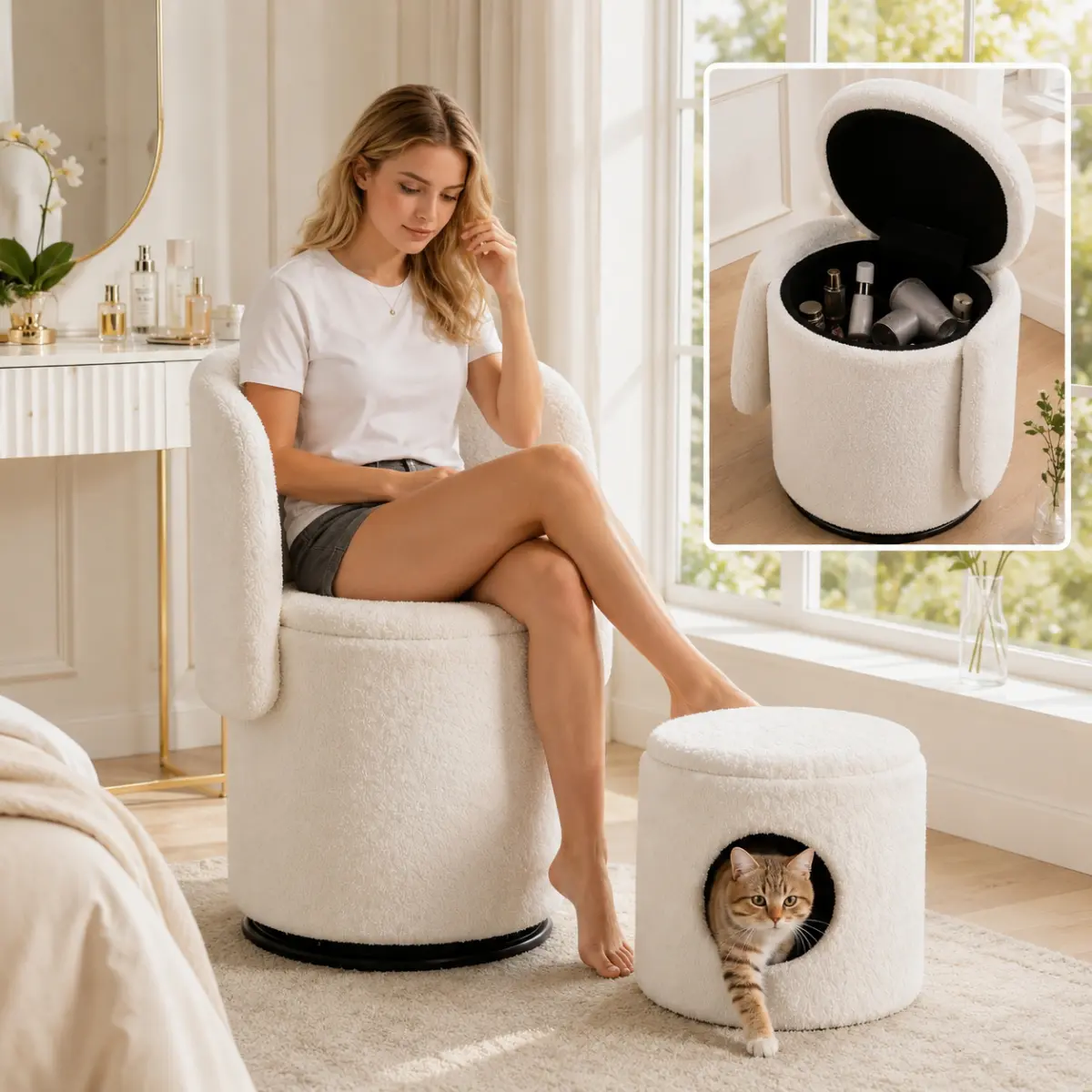 Modern Velvet 3-in-1 Swivel Vanity Floor Chair - Rolling Cylindrical Apartment Friendly Hacks Piece with Hidden Storage, Makeup Stool & Cat Bed, Upholstered Cylindrical Bedroom Furniture for Bedroom, Requires Assembly, Swivel Vanity Chair