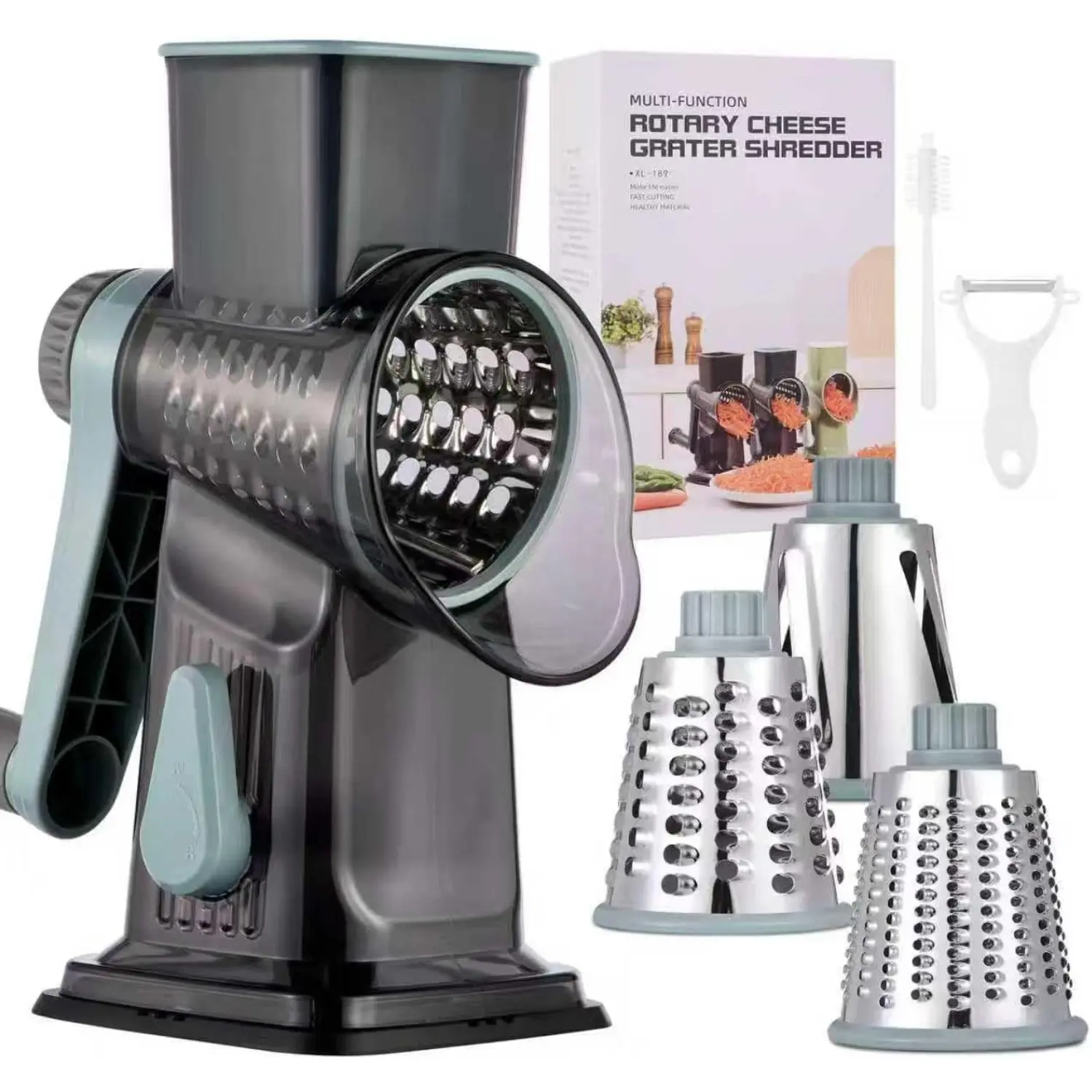 Rotary Cheese Grater with Handle Kitchen Shredder Slicer Grater Slicer Ice Shaver Cheese Vegetable Nuts Potato Zucchini Chocolate 3 Interchangeable Blades (GreyBlue)