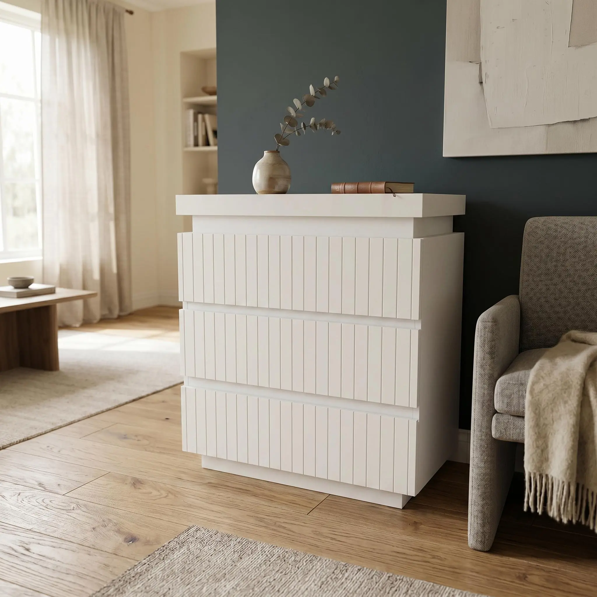 Modern Fluted Wood Dresser Chest – Handleless Bedroom Storage Cabinet with Floating Top – Chest of Drawers for Entryway & Small Spaces – Available in White or Natural, 3 or 6 Drawers, 31.5"/47.2" Wide