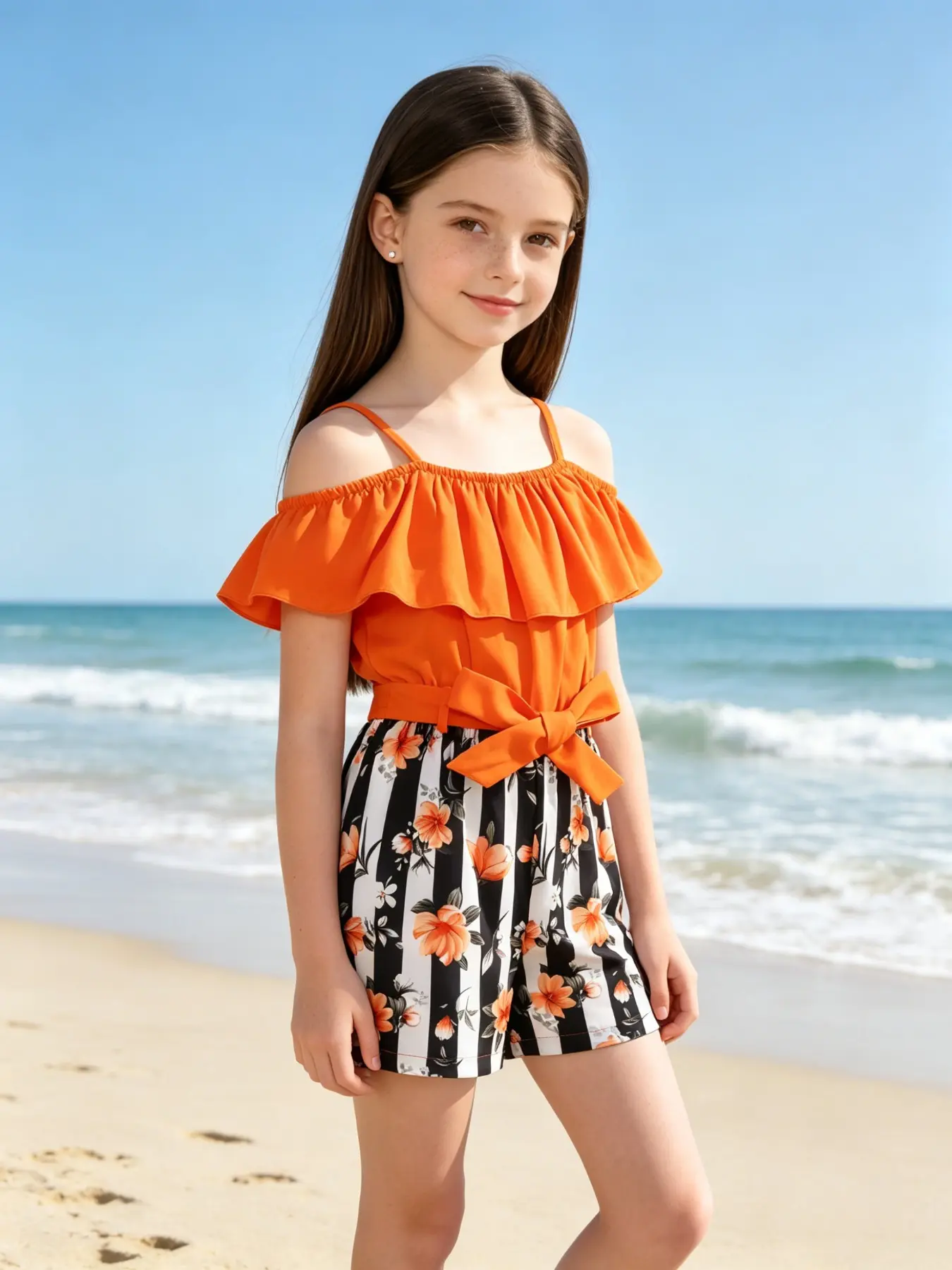 Girls' Ruffle Off Shoulder Romper, Floral Striped Print Colorblock Jumpsuit with Belt, Summer Vacation Party Outfit, Fine Girls Outfit, Children