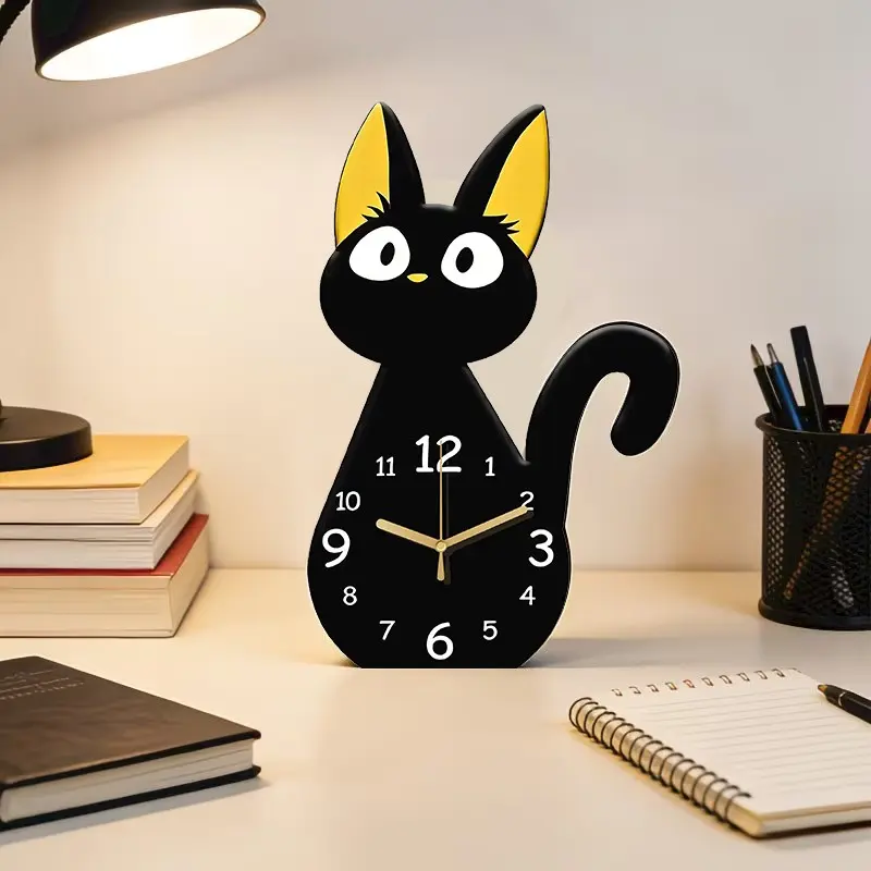 Creative Cartoon Cat Desktop Clock, Quiet Wall Mount Quartz Clock, Home Decor for Living Room, Bedroom, Kitchen, Office, Pet Shop, Gift Idea