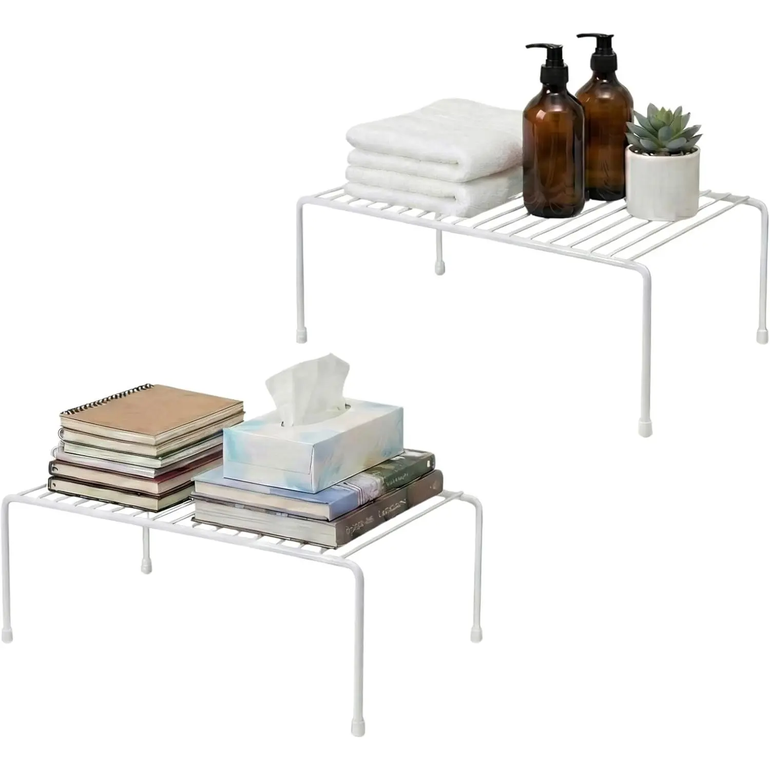 2-Pack Wire Shelves, Cabinet Shelf Risers & Freezer Organizers | Rustproof dish risers for cabinets double storage space; use as small wire freezer shelves, pantry racks or shelf extenders.