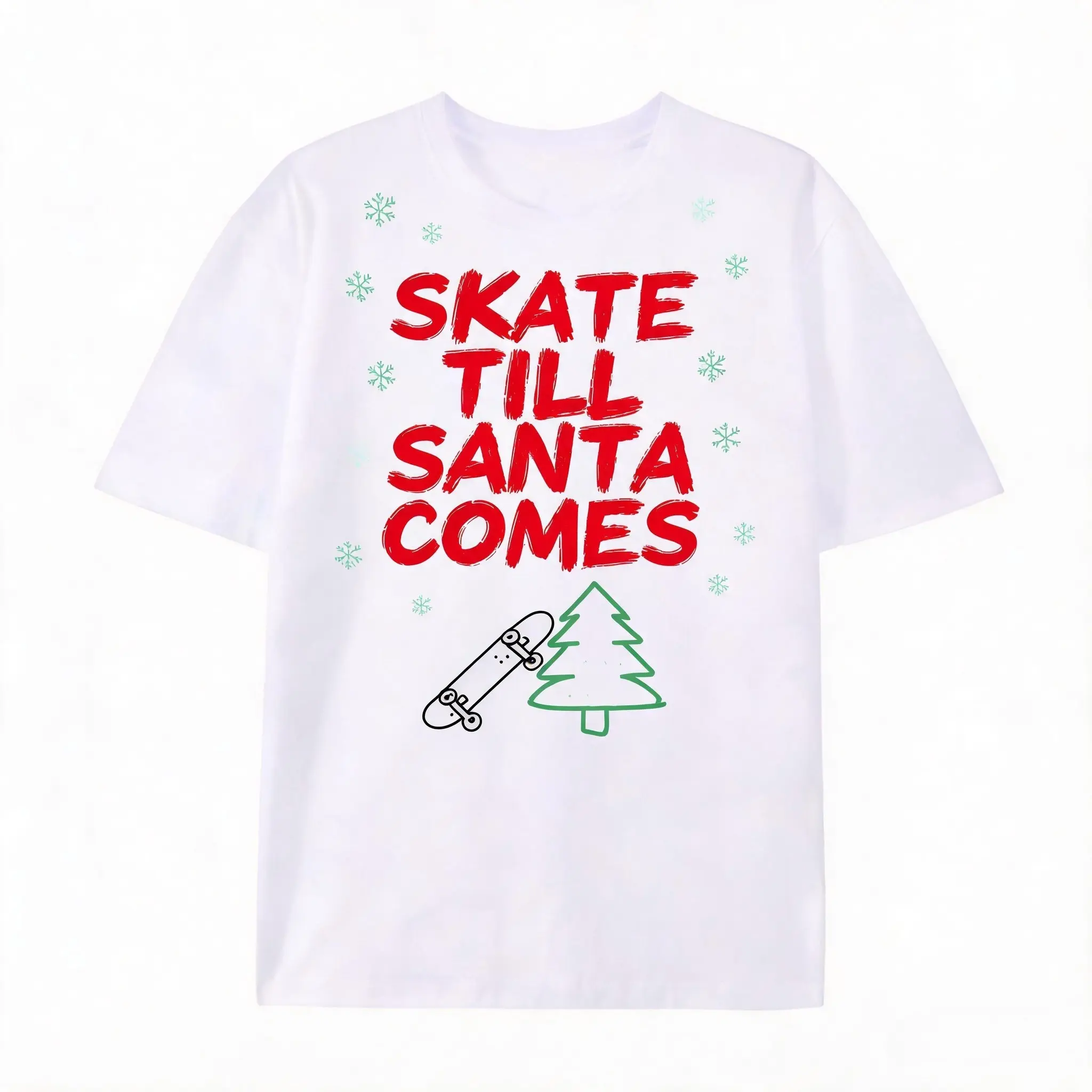 Christmas Skateboard Christmas Tree Snowflake Skate Till Santa Comes Graphic Oversized T-Shirt, Comfort 100% Cotton Fashion Outfit, Cute Xmas Skater Streetwear Top, Best Christmas Valentines Holiday Gift For Him Her Lover Family Friends Teen Skater Presen
