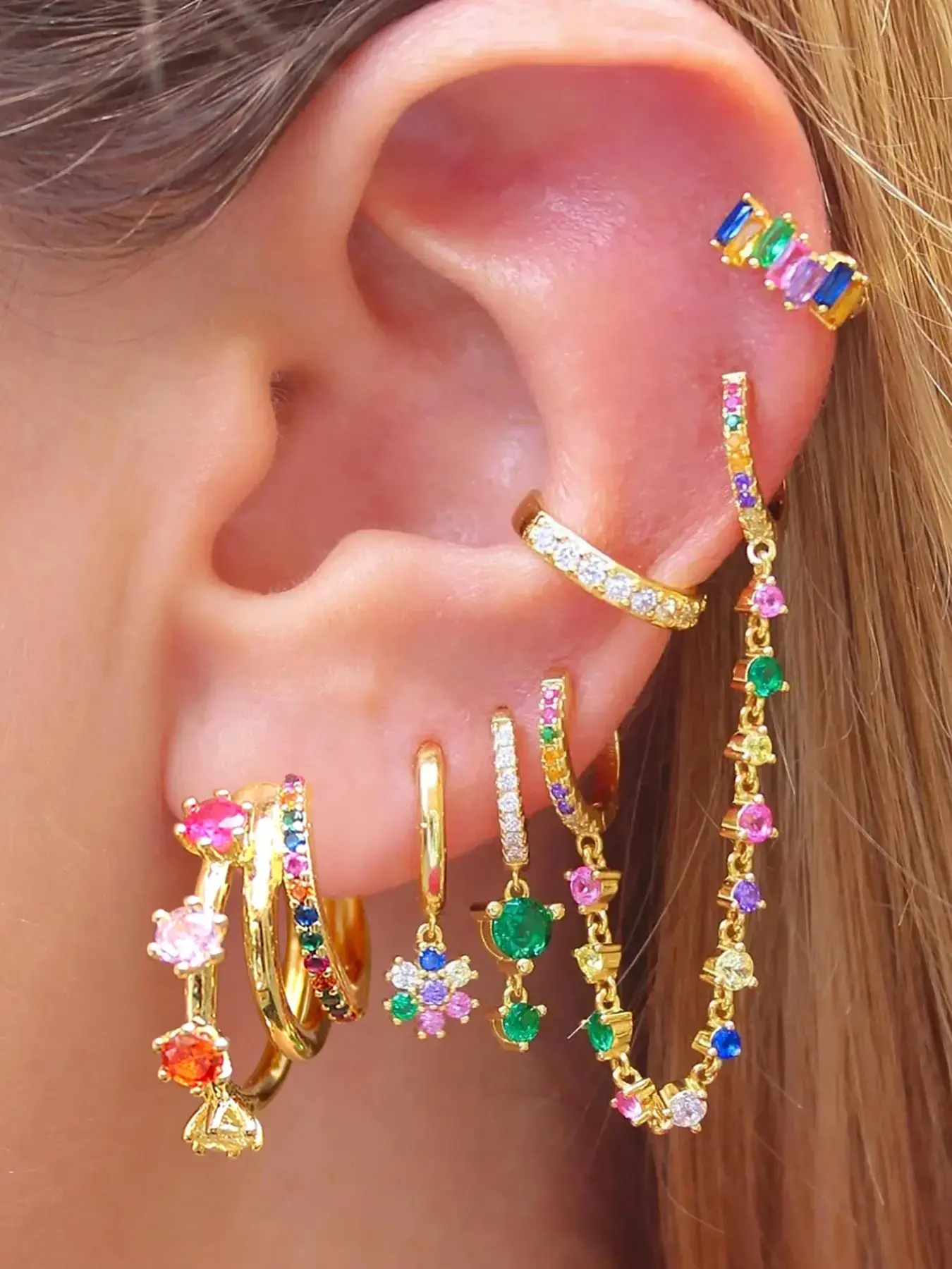 6 Pcs Luxury 24K Gold Plated Cubic Zirconia Multicolor Stud Earrings Set Earring Stacking Set Stackable Earrings For Women Colorful Zircon Chain Hoop Earrings Pack Flower Drop Dangle Earrings Stack Fashion Jewelry Gift Unique Design Earrings