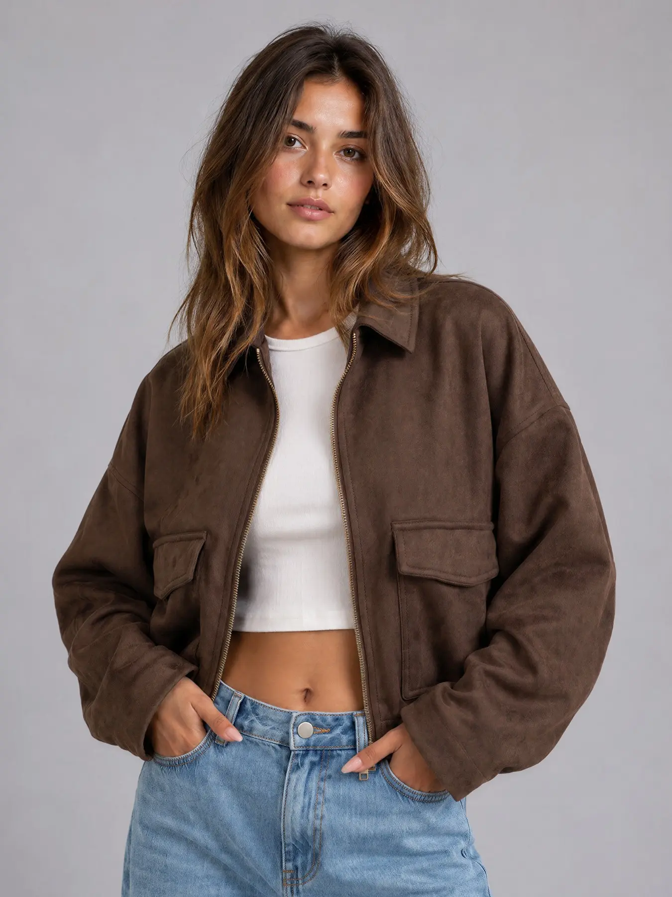 Women's Versatile Faux Suede Flap Pocket Zip-Up Bomber Jacket, Loose Fitting Jacket, Durable Skin-Friendly Loose Outerwear, Fall & Winter Lapel Collar Batwing Sleeve Going Out Outfit #TikTokMadeMeBuyIt #VintageStreetwear #VintageStreetwear