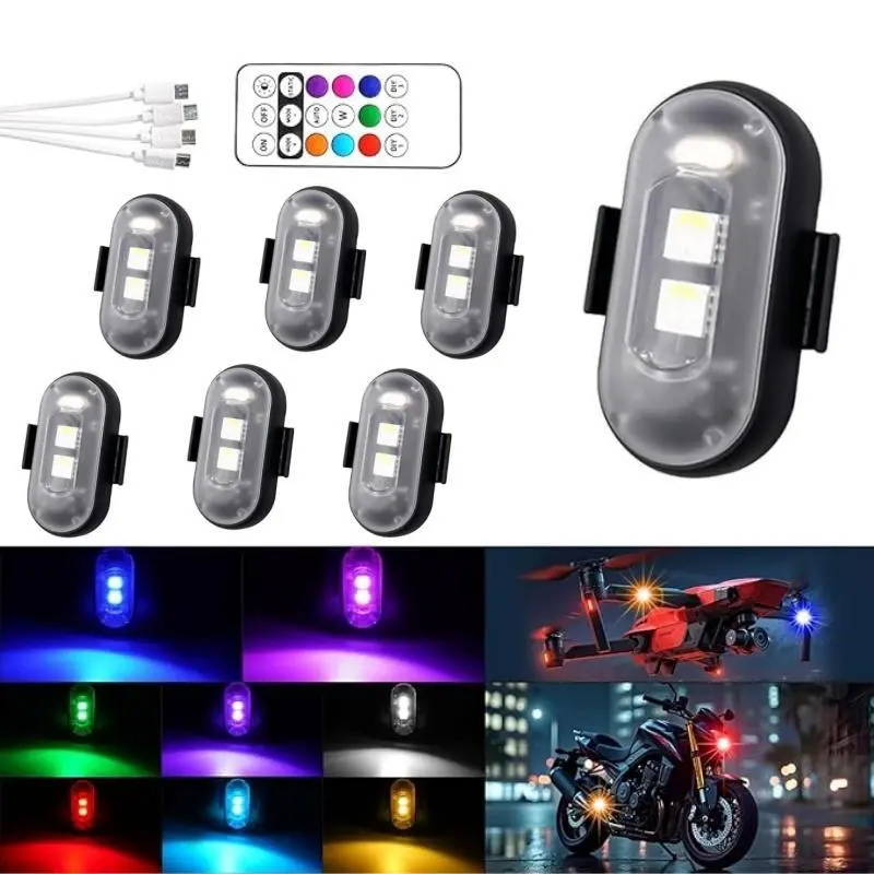 6-Pack Multicolor RGB Vehicle Strobe Warning Lights - Waterproof ABS Car Accessories, USB Rechargeable, Remote Control, for Car & Motorcycle Safety, Illumination, Convenience, Enhanced Visibility