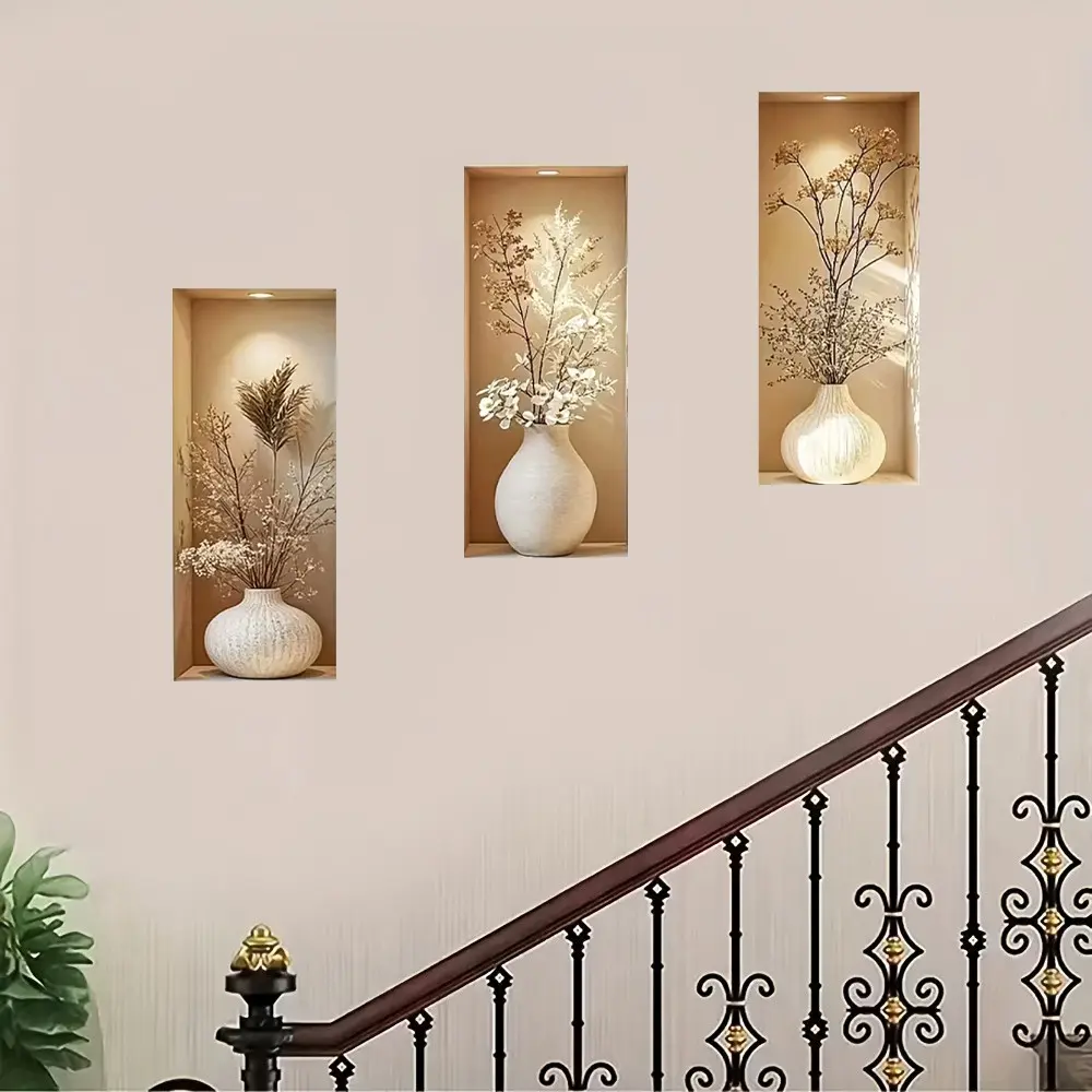 3pcs Elegant Neutral Vase Wall Stickers, Minimalist Modern Decorative Stickers, Self-Adhesive Removable Home Wall Decals, Cozy Luxury Style