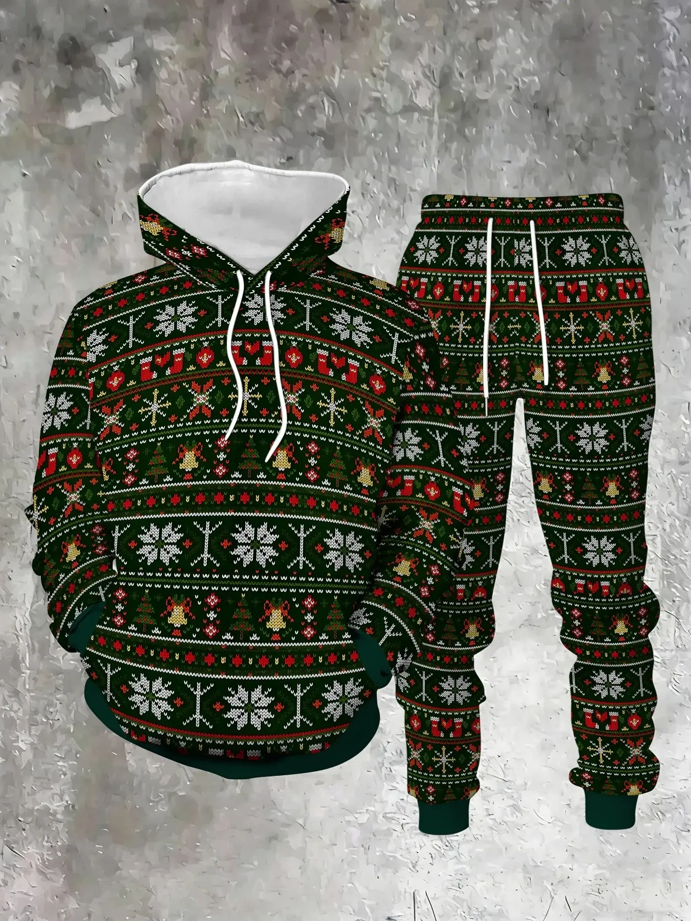 Classic Fair Isle Christmas Suit Set, Men's Sweatshirt and Pants Two-Piece Set, Casual Long Sleeve Fitted, Ankle Length