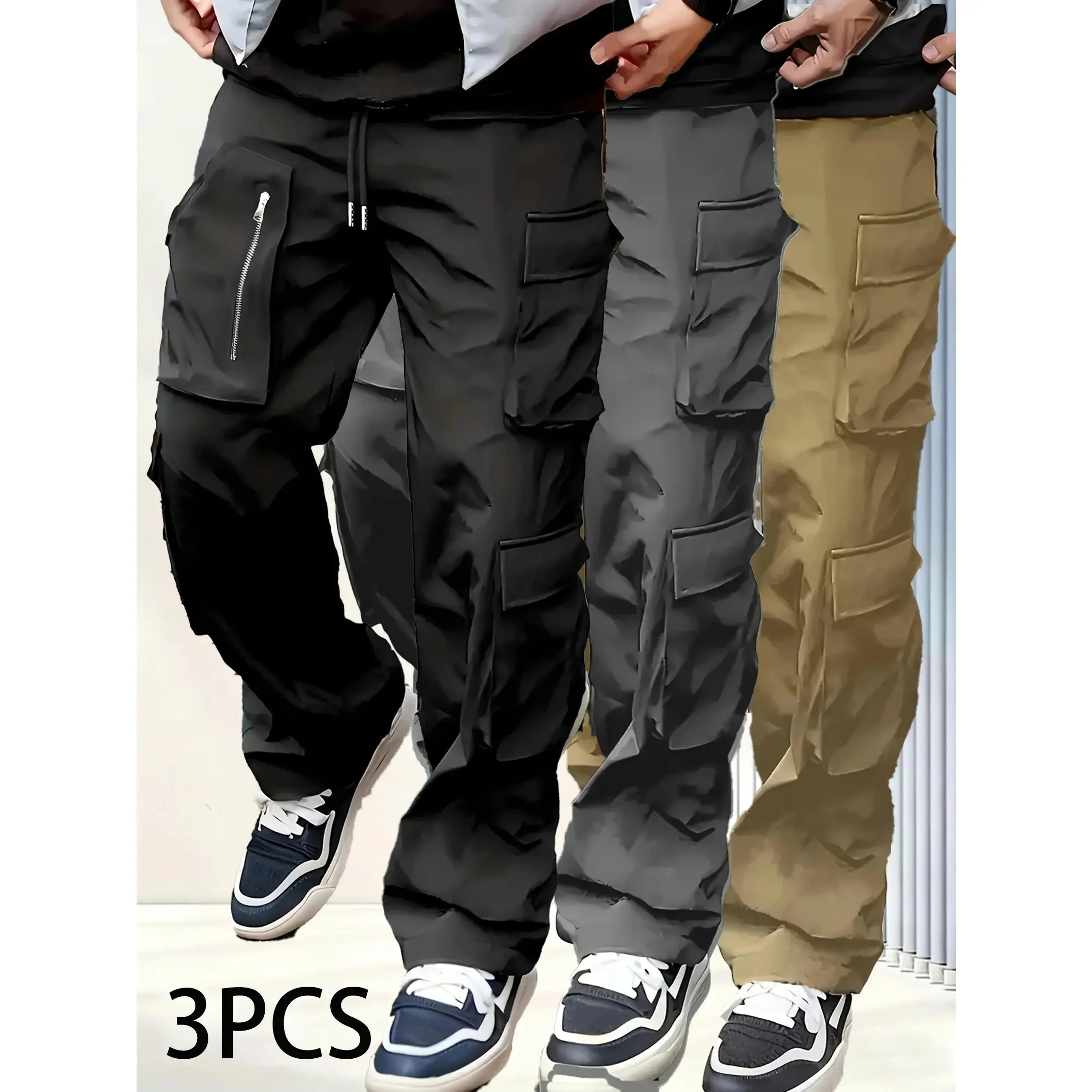 3-Pack Men's Casual Cargo Pants Zipper Detail Multi-Pocket Durable Work Trousers, Menswear, Fashion tiktokshopspringglowup