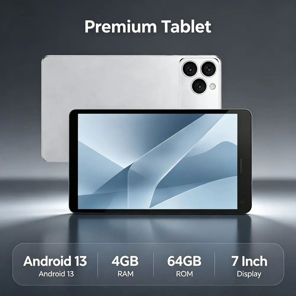 7 Inch Premium Tablet PC, Android 13 System, 4GB RAM 64GB ROM, HD Display Portable Tablet for Daily Entertainment, Office Work and Online Learning