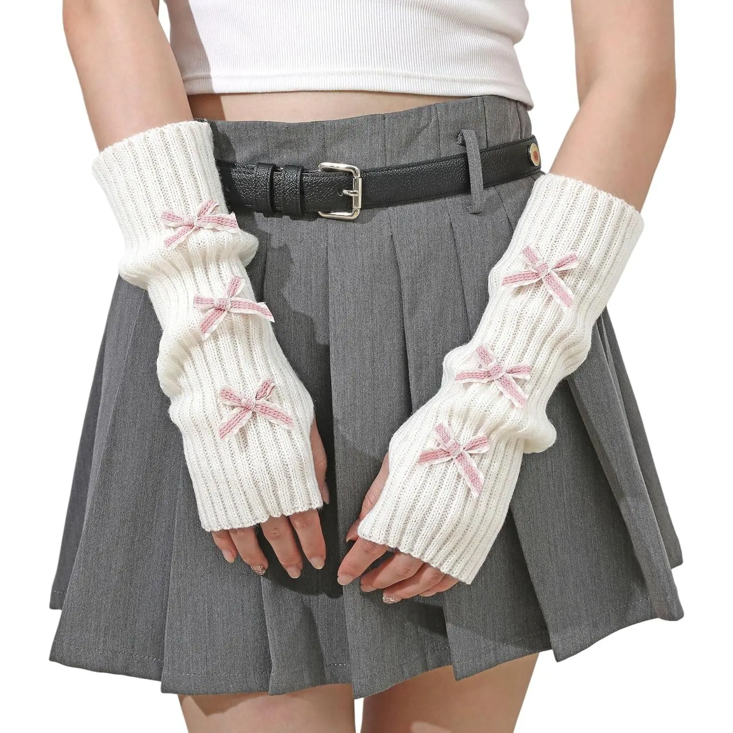 Arm Warmers Cute Long Sleeve Fingerless Gloves Knitted Harajuke Style Arm Sleeves Kawaii with Bownot