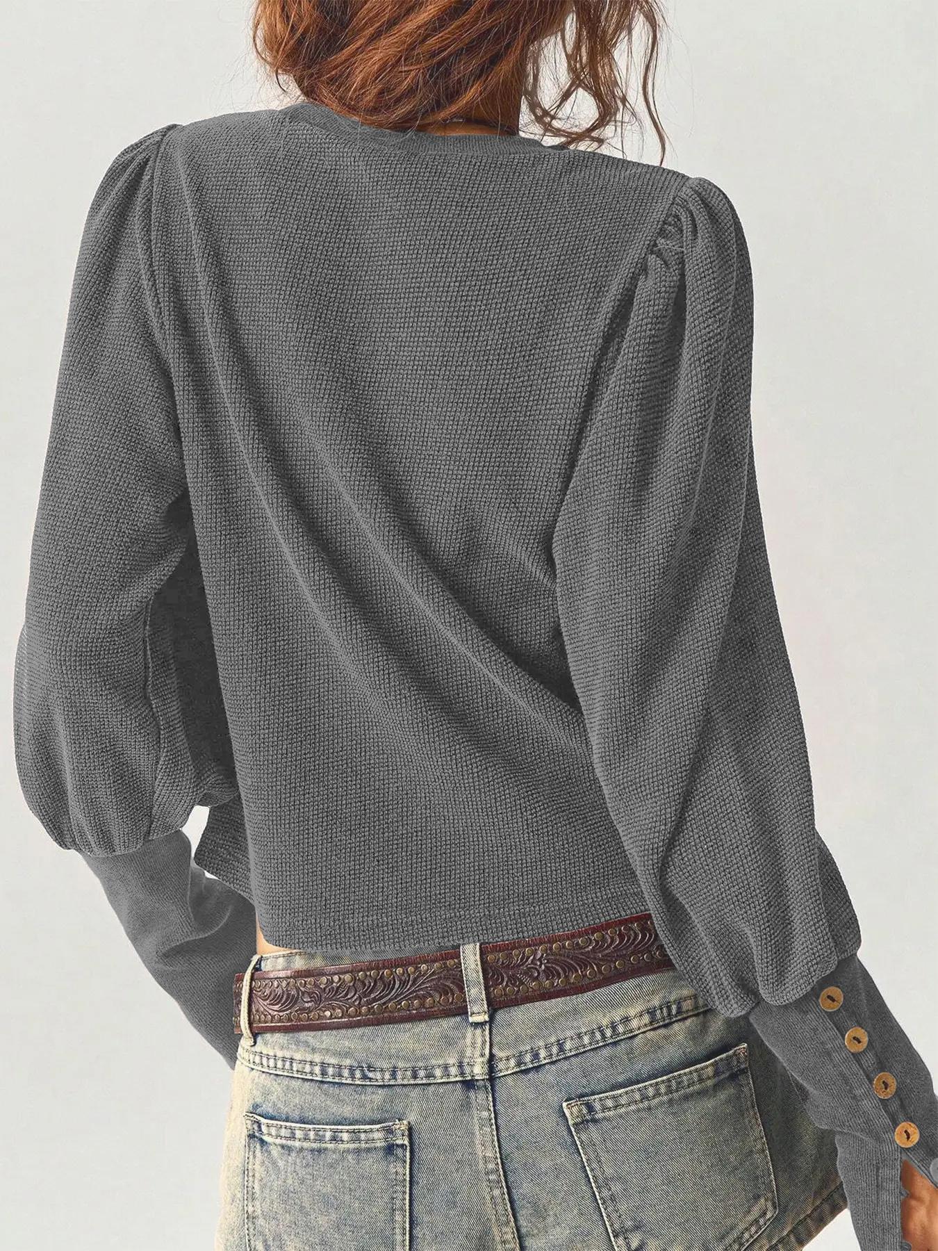 Women's Solid Color Button Decor Basic Tee, Casual Long Sleeve Round Neck Jumper T-shirt for Spring & Fall, Fashion Women's Clothes for Daily Wear, Tops