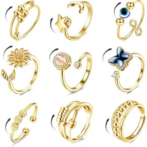 9 Pcs Fidget Anxiety Rings for Women Men Spinner Rings for Anxiety Relieving Stress Open CZ Flower Moon Star Anti Rotatable Rings Adjustablefidget toys