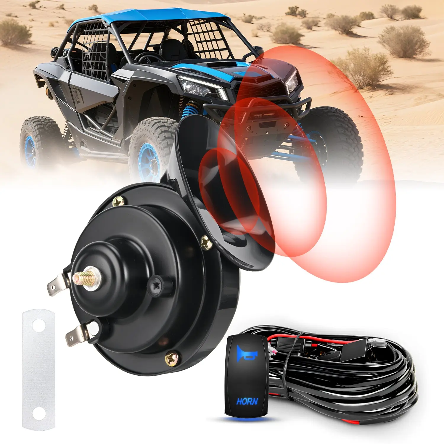 Nilight 12V UTV Horn Wiring Harness Kit with 12V Power, ABS Housing, Blue LED Momentary On Plug-N-Play Rocker Switch, 60DB Horn Compatible with Polaris RZR Ranger, Can Am Outlander, Kawasaki Teryx, Kubota Mule, John Deere Golf Cart