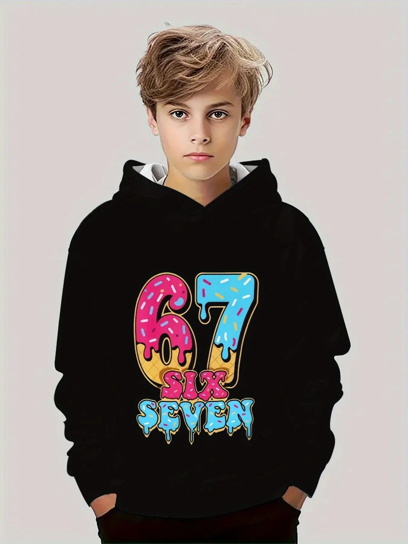 Hooded Sweatshirt, Melting Ice Cream Drip Paint, Number Six Seven Letter Print, Casual Pullover Hoodie for Spring & Fall