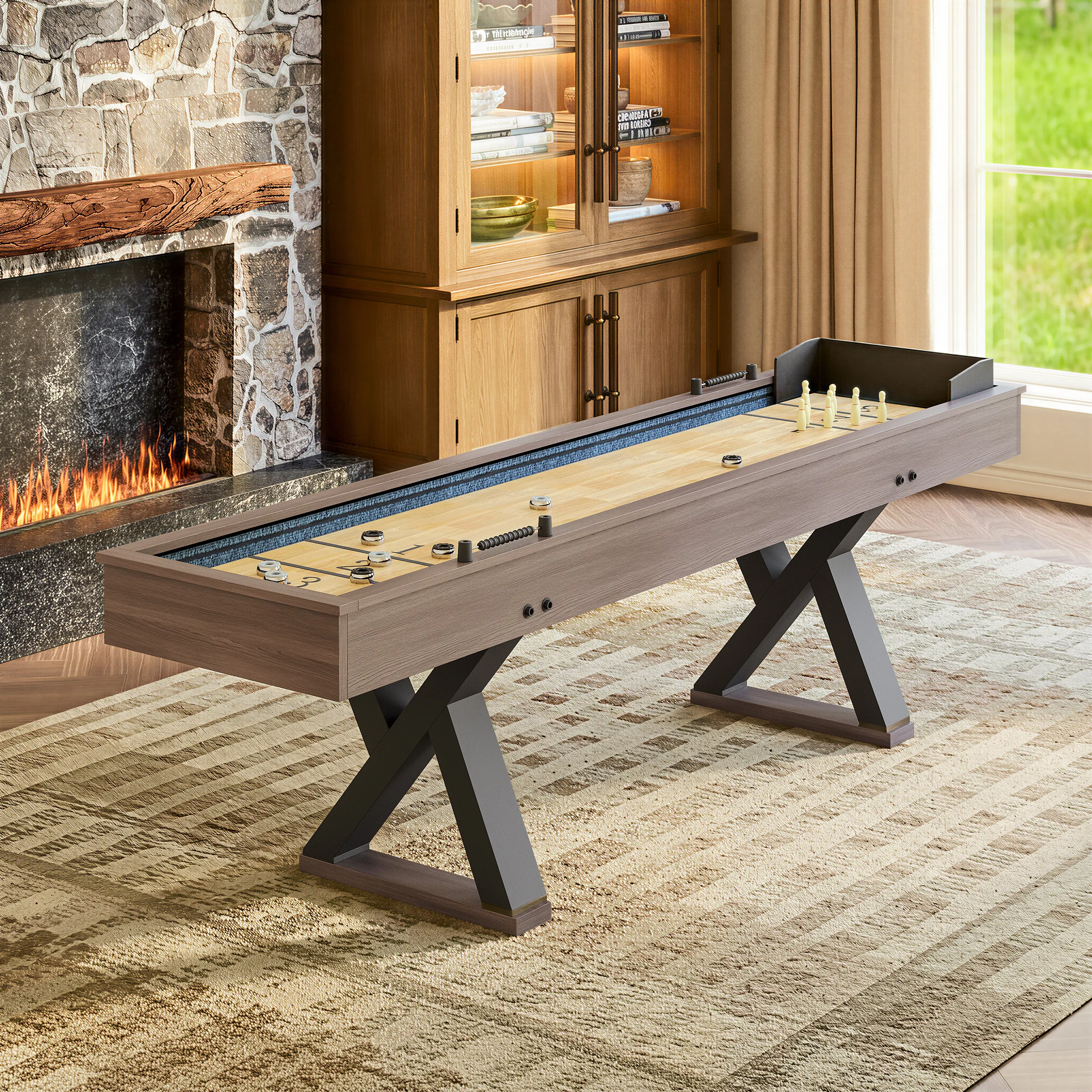 ARCH 9FT Shuffleboard Table 2-in-1 Shuffleboard & Bowling Combo Game Set with LED Light Rail Modern Style for Home Game Room Family Fun Entertainment Center, Living Room Table for Sofa Side, Bedroom, Office, Apartment and Home Decor