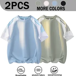 2PCS Combo Men's Honeycomb Mesh 3 Contrast Stripes Raglan Crew Neck Quick Dry Short Sleeve Top, Solid Loose Drop Shoulder Lightweight High Elastic Breathable Sweat-Wicking Quick Dry Sports Base Tee For Daily Campus Fitness Layering