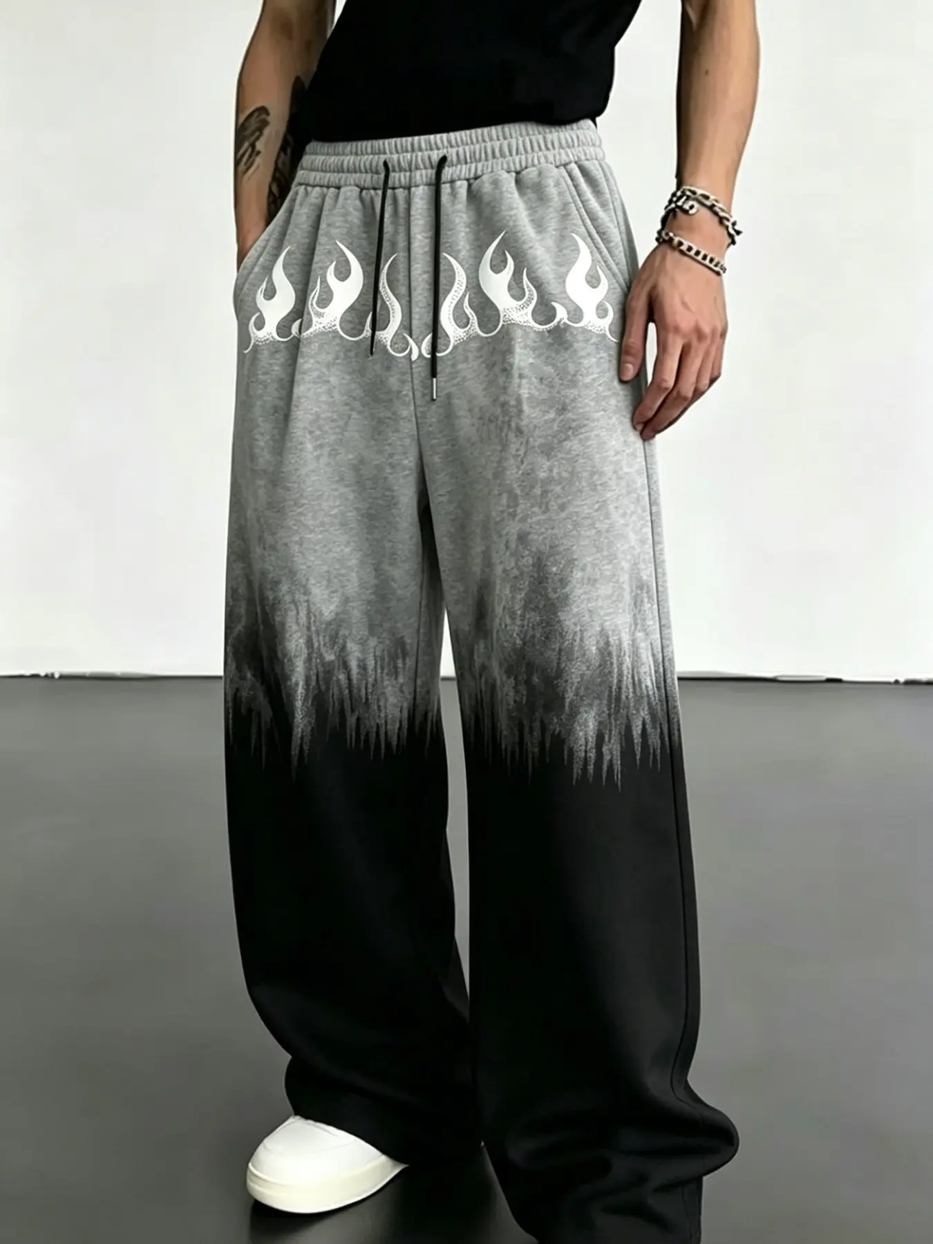Men's Gradient Flame Print Wide Leg Pants, Loose Fit Straight Leg, Soft Knit Cotton, American Dark Y2K Street Style Long Trousers