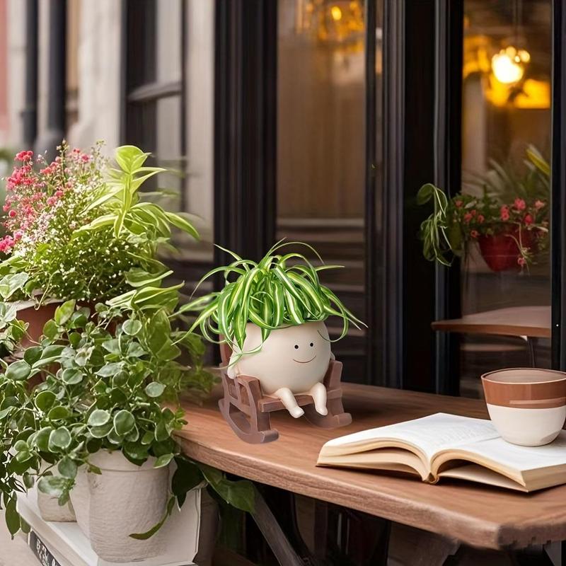 Vaso in resina con design a cartoni animati, 1 pezzo di vaso con design a forma di sedia e foro di drenaggio, vaso decorativo per fiori per scrivania da ufficio, vaso moderno per piante, arredamento per la casa._voghion.com