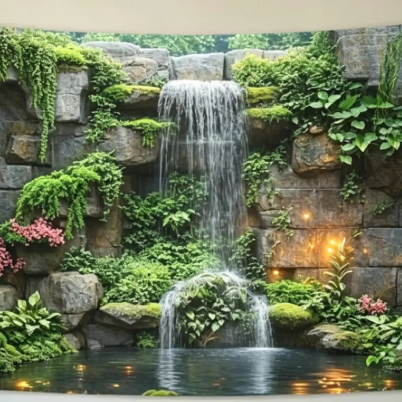 1 Waterfall and Green Plant Polyester Background Banner Backdrop - Rich Stone Wall Design, Waterfall and Bright Leaves, Wrinkle Resistant and Wear-Resistant Fabric Suitable for Photography, Live Streaming, Photo Shoot Backdrops