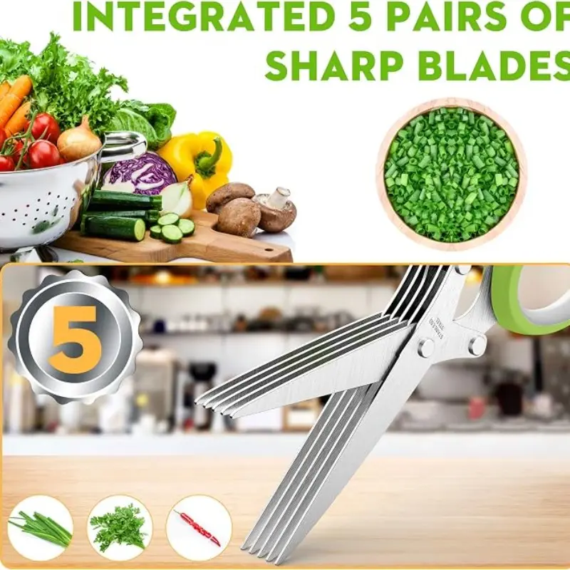 Herb Scissors Set, Multi-Functional 5-Blade Kitchen Herb Cutter, Safety Cover and Cleaning Brush Included, Ideal for Fresh Ingredients
