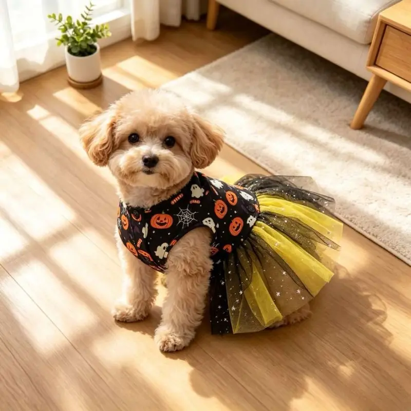 Halloween Star Mesh Pet Clothing Dress, Lapel Bow with Pumpkin & Ghost Print Costume Dress for Small Dogs and Cats to Dress Up in Halloween Parties