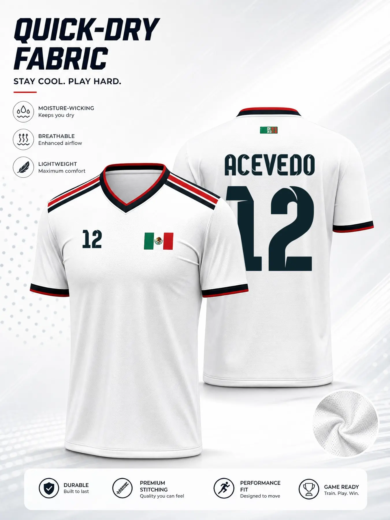 Mexico 2026 Men's Soccer Jersey White V-Neck Football Shirt - Quick-Dry Fabric Sportswear - Mexican National Team Fan Apparel - Breathable Lightweight Tee