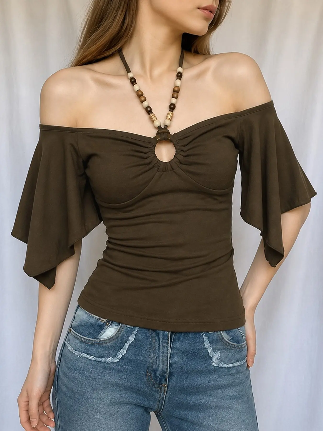 Vintage Irregular Batwing Sleeves Tops Tee, Casual Off-shoulder Round Ring Beaded Halter Neck Y2K Shirt, Elegant Fashion Brown Cropped Women's T-shirts