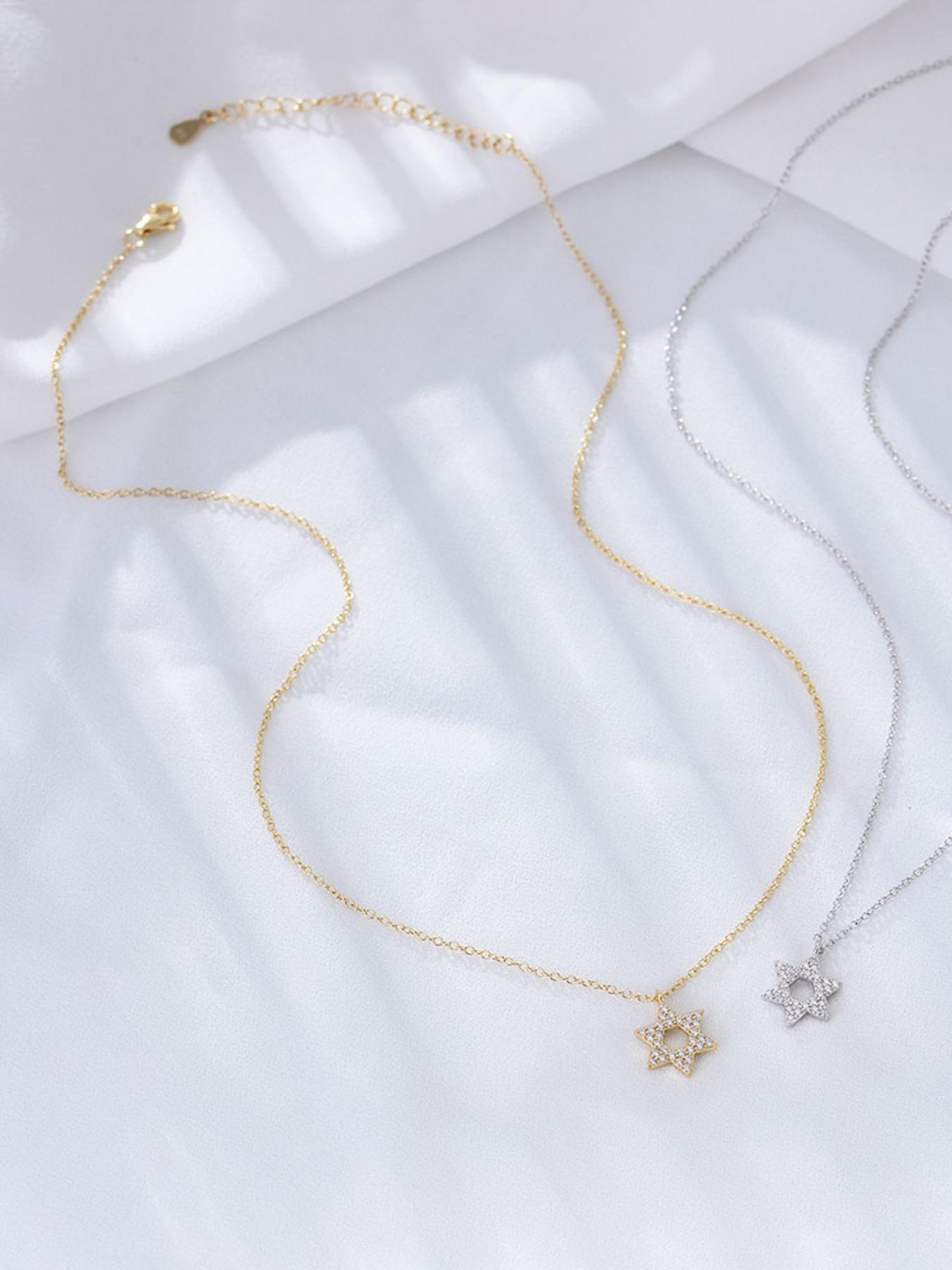 925 Sterling Silver Synthetic Zircon Inlaid Star Of David Pendant Necklace for Women, Fashion Jewelry for Party, Daily Decor, Trendy All-match & Exquisite Jewelry for Birthday Gift, Mom Gifts, Elegant Necklace