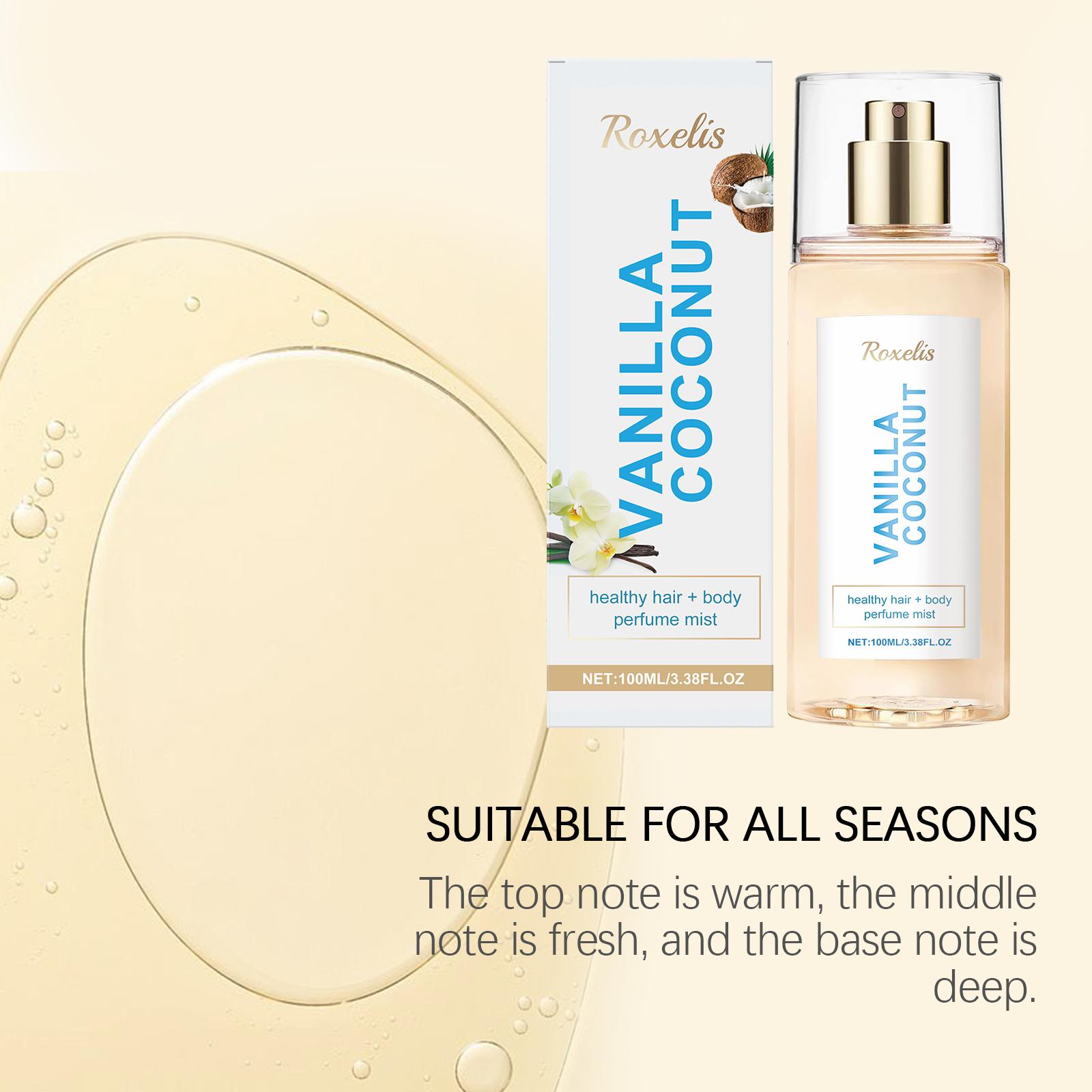 Roxelis Vanilla Coconut Body Perfume Spray, Long-Lasting Fragrance And Exudes A Unique Charm. It Is A Fresh, Romantic And Portable Perfume